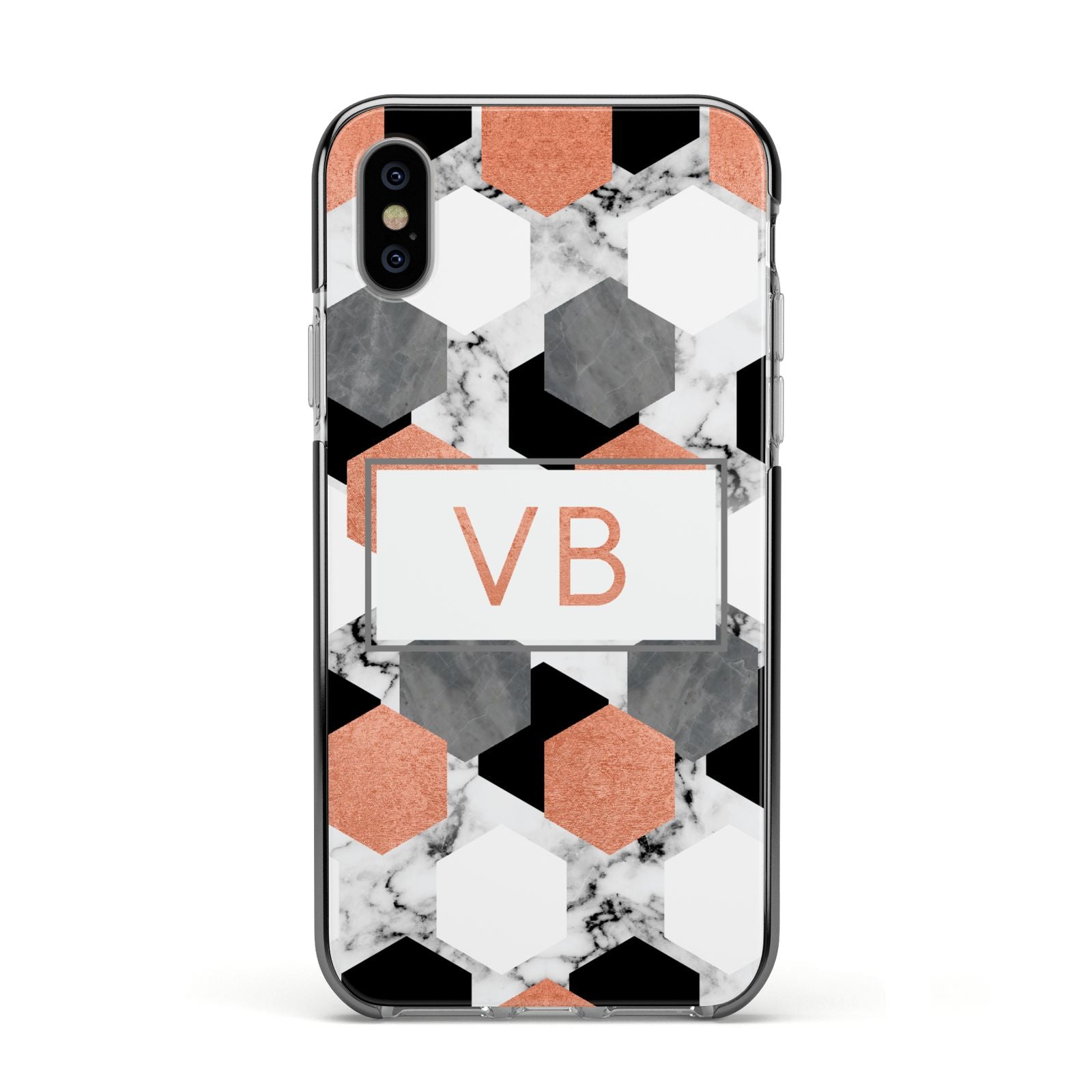 Personalised Initials Copper Marble Apple iPhone Xs Impact Case Black Edge on Silver Phone