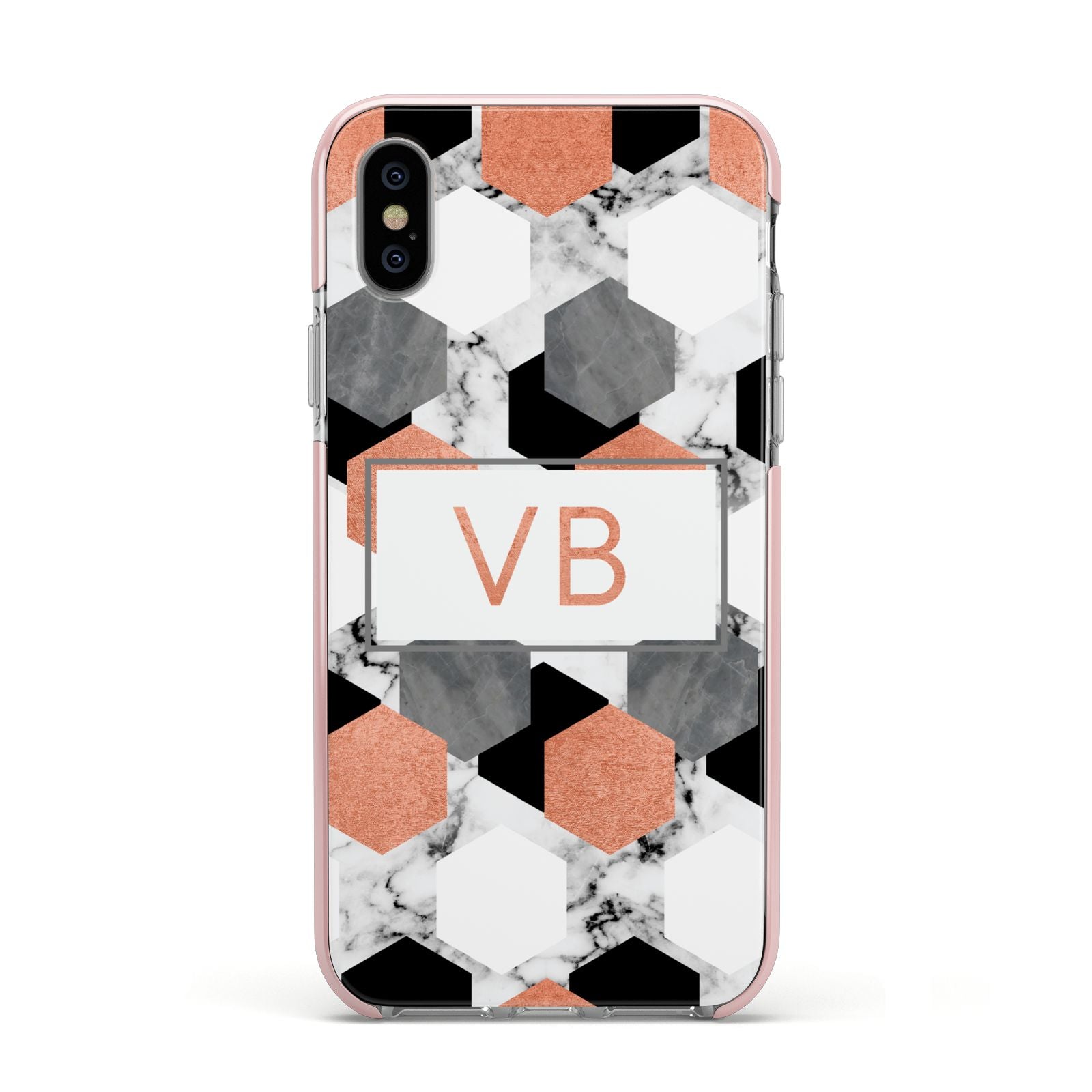 Personalised Initials Copper Marble Apple iPhone Xs Impact Case Pink Edge on Silver Phone