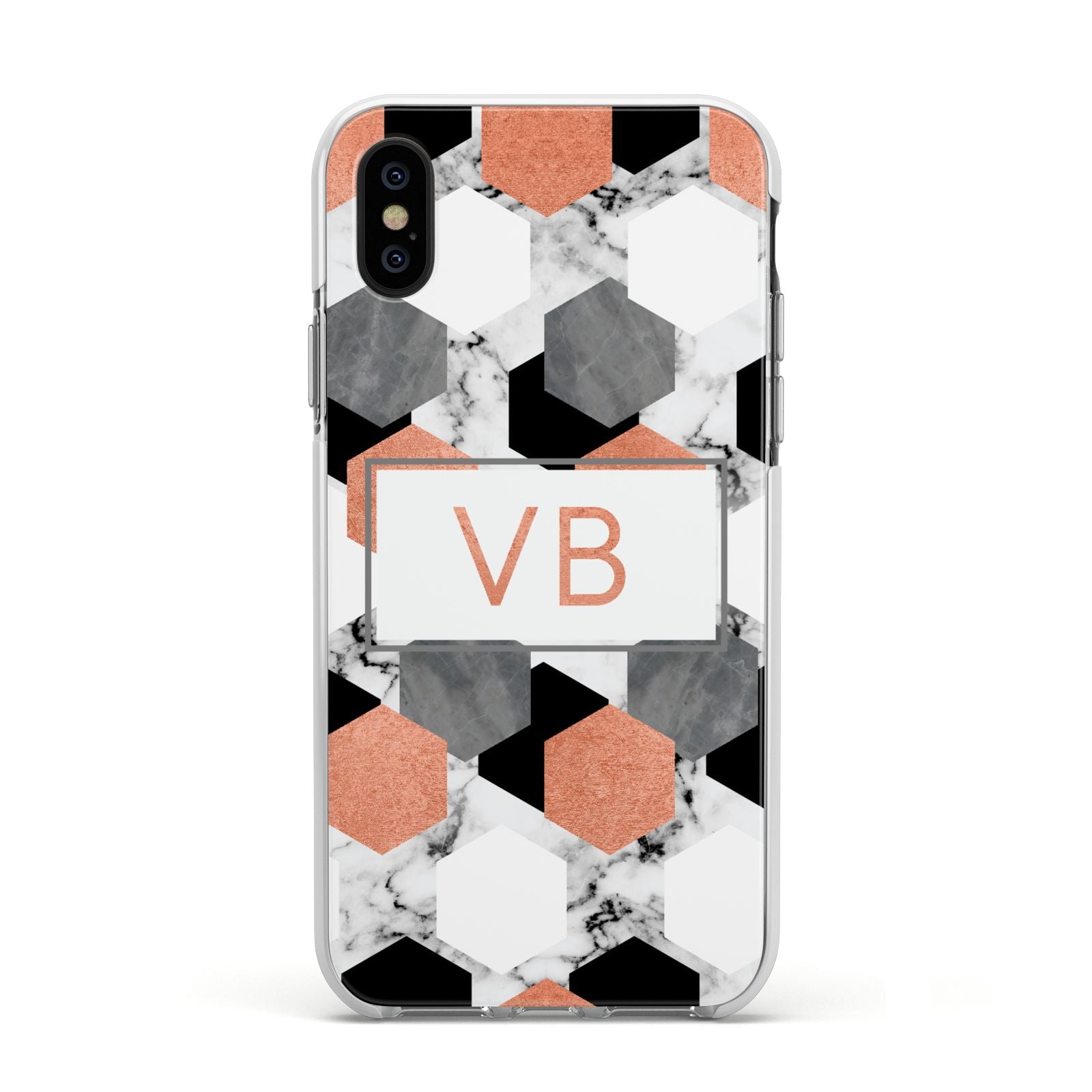 Personalised Initials Copper Marble Apple iPhone Xs Impact Case White Edge on Black Phone