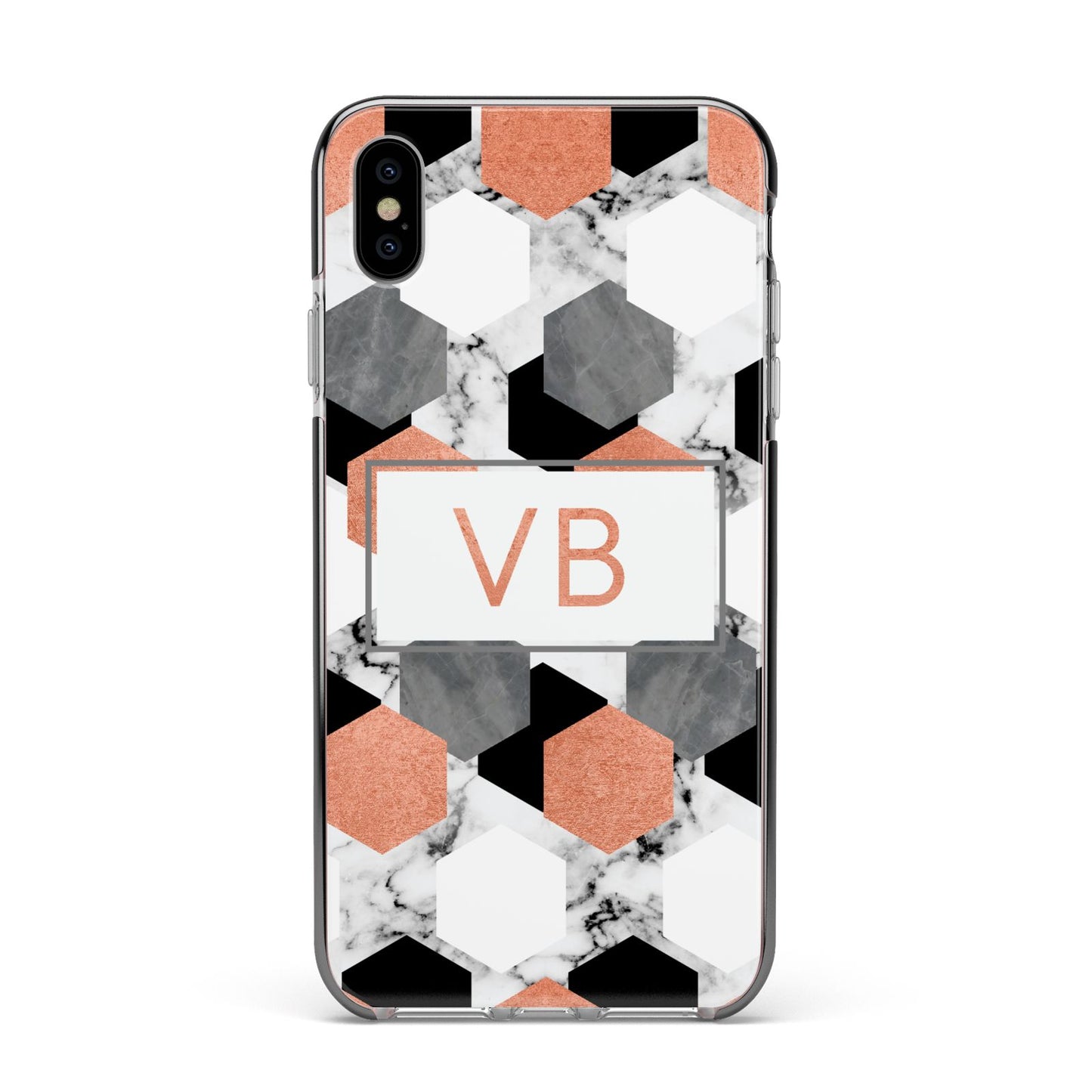 Personalised Initials Copper Marble Apple iPhone Xs Max Impact Case Black Edge on Silver Phone