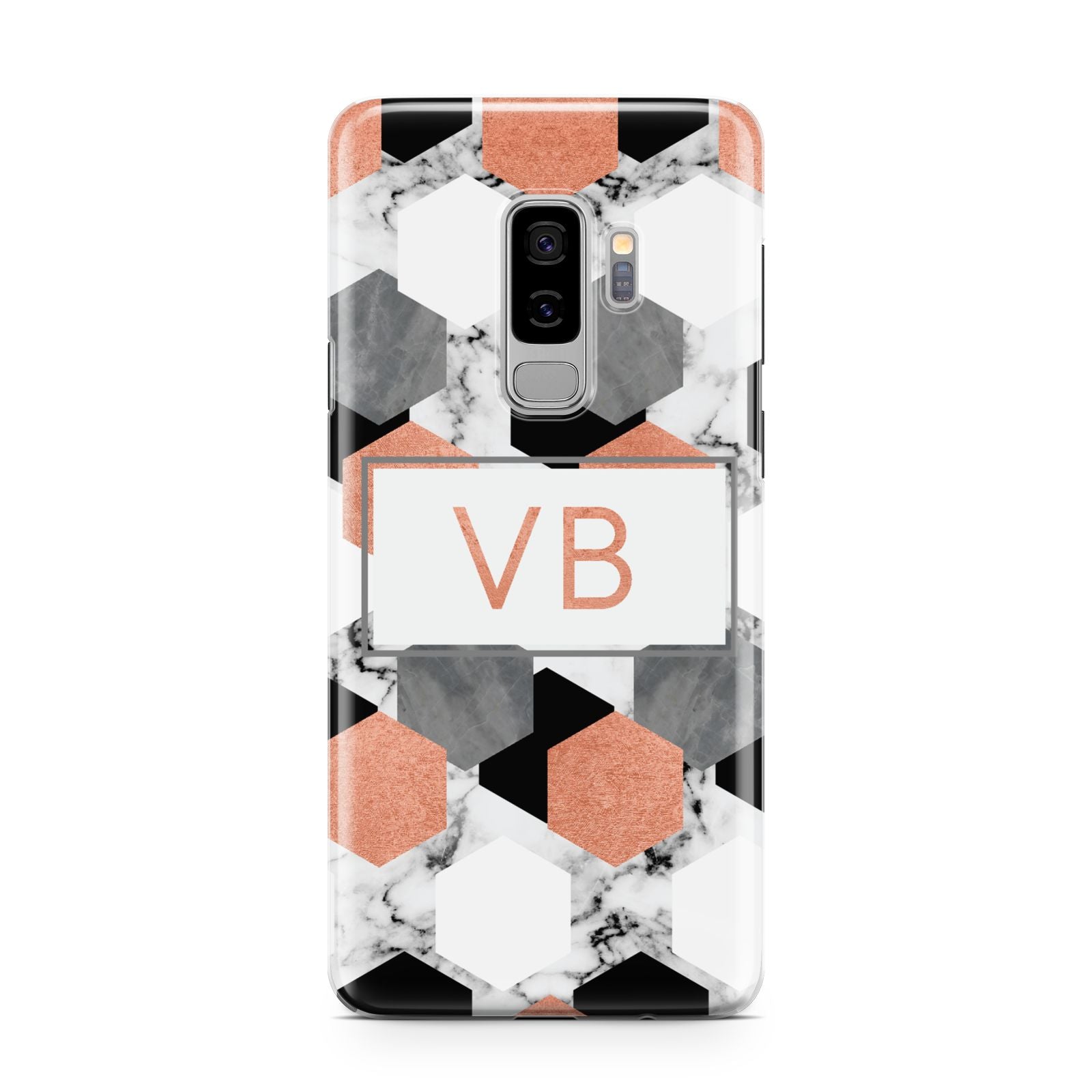Personalised Initials Copper Marble Samsung Galaxy S9 Plus Case on Silver phone