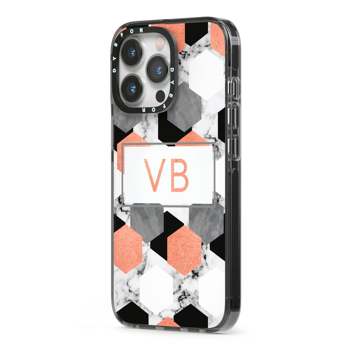 Personalised Initials Copper Marble iPhone 13 Pro Black Impact Case Side Angle on Silver phone
