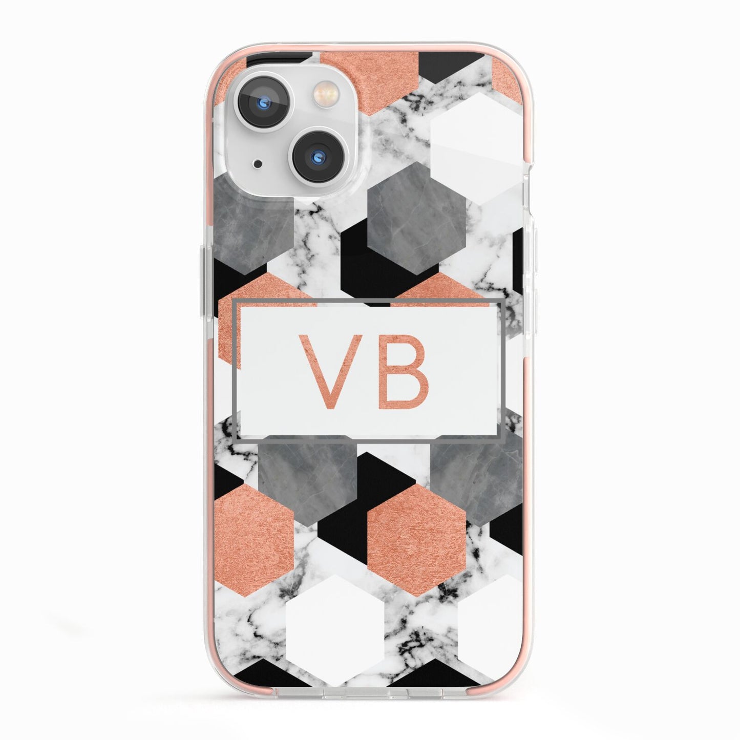 Personalised Initials Copper Marble iPhone 13 TPU Impact Case with Pink Edges