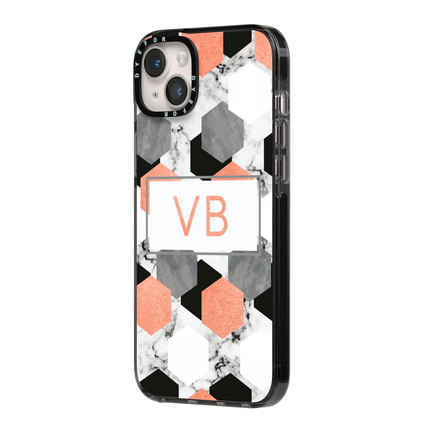 Personalised Initials Copper Marble iPhone 14 Plus Black Impact Case Side Angle on Silver phone