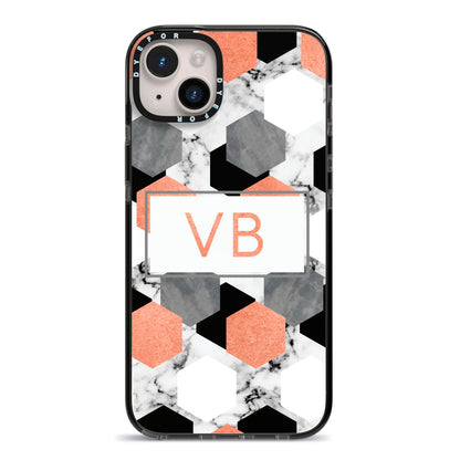 Personalised Initials Copper Marble iPhone 14 Plus Black Impact Case on Silver phone