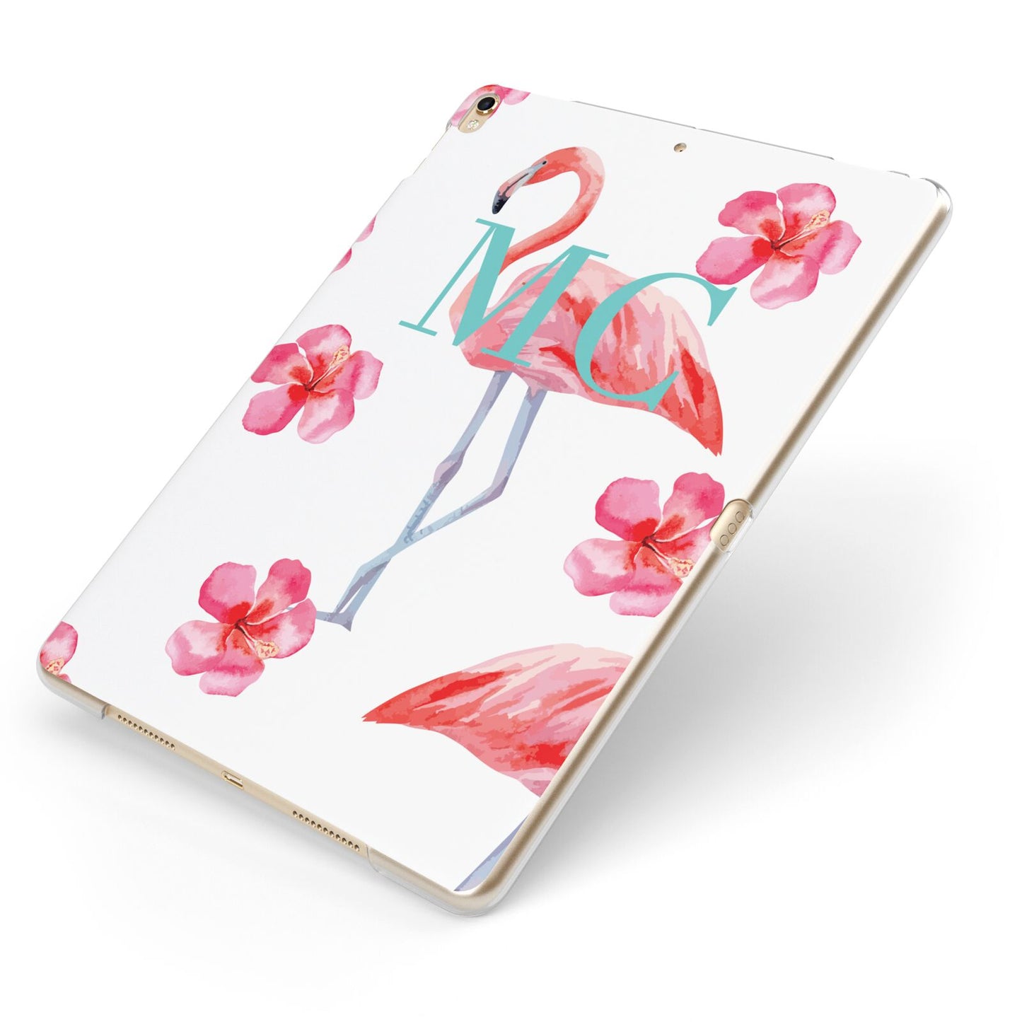 Personalised Initials Flamingo 3 Apple iPad Case on Gold iPad Side View