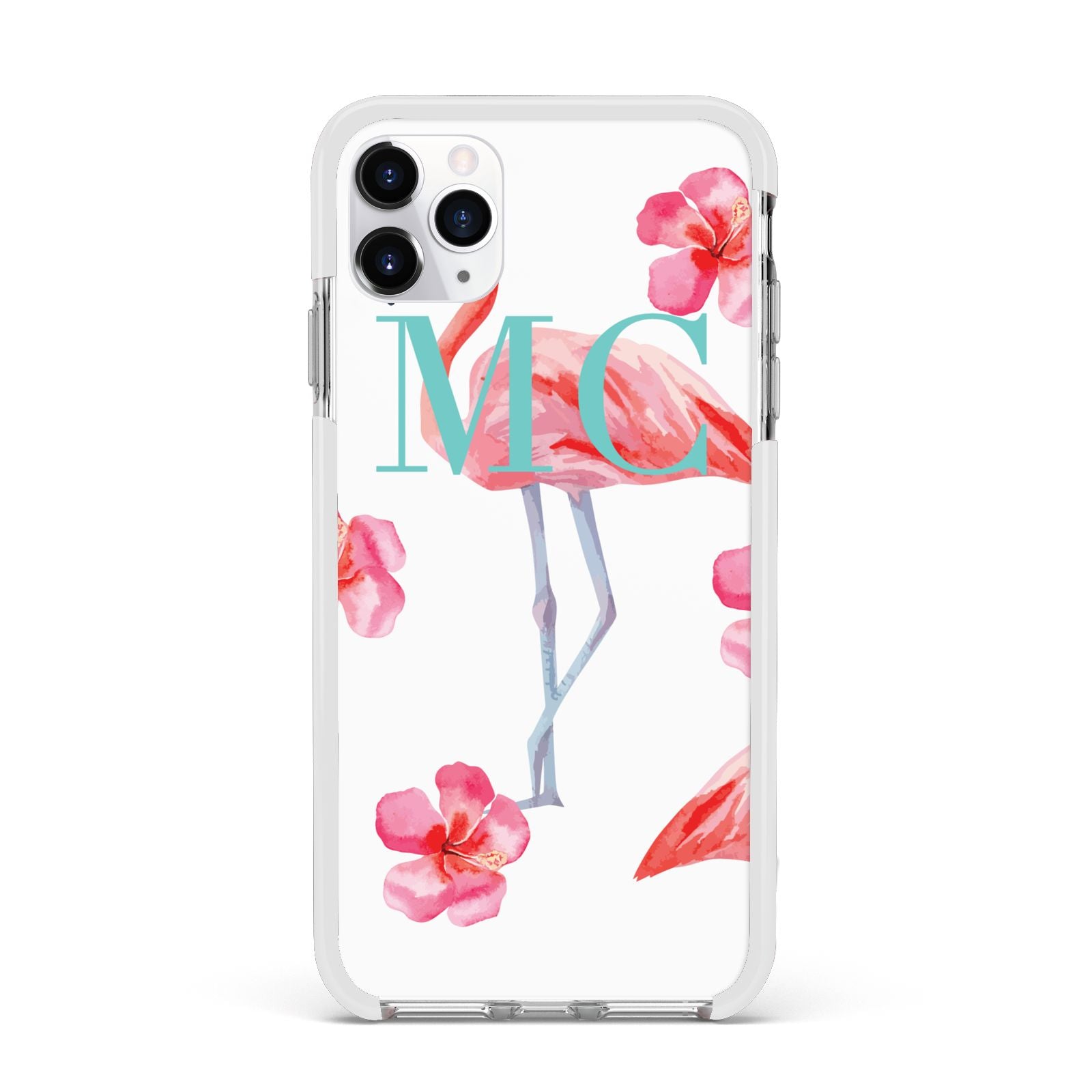 Personalised Initials Flamingo 3 Apple iPhone 11 Pro Max in Silver with White Impact Case