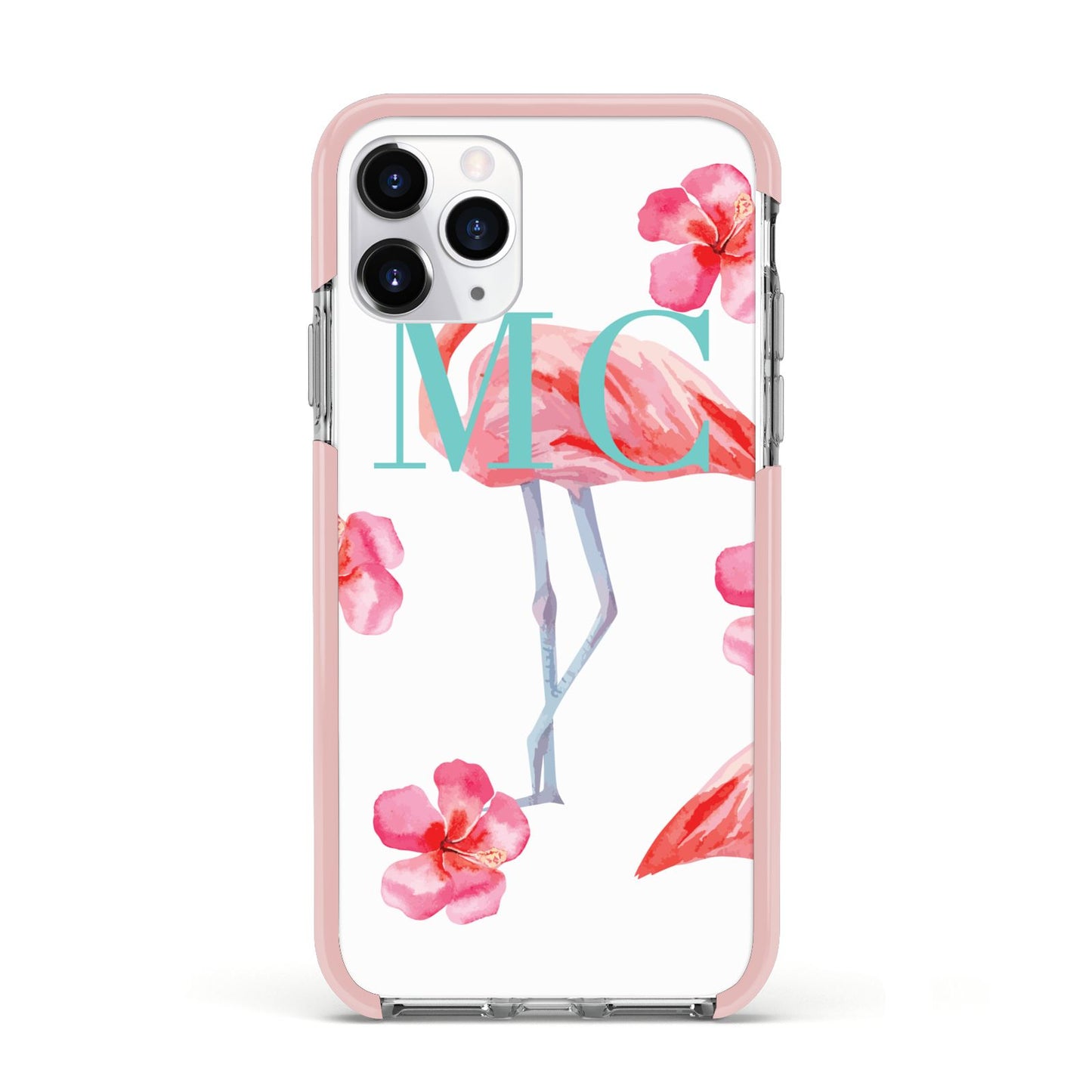 Personalised Initials Flamingo 3 Apple iPhone 11 Pro in Silver with Pink Impact Case
