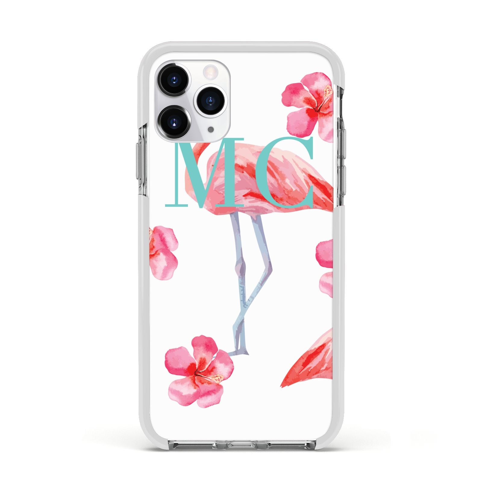 Personalised Initials Flamingo 3 Apple iPhone 11 Pro in Silver with White Impact Case
