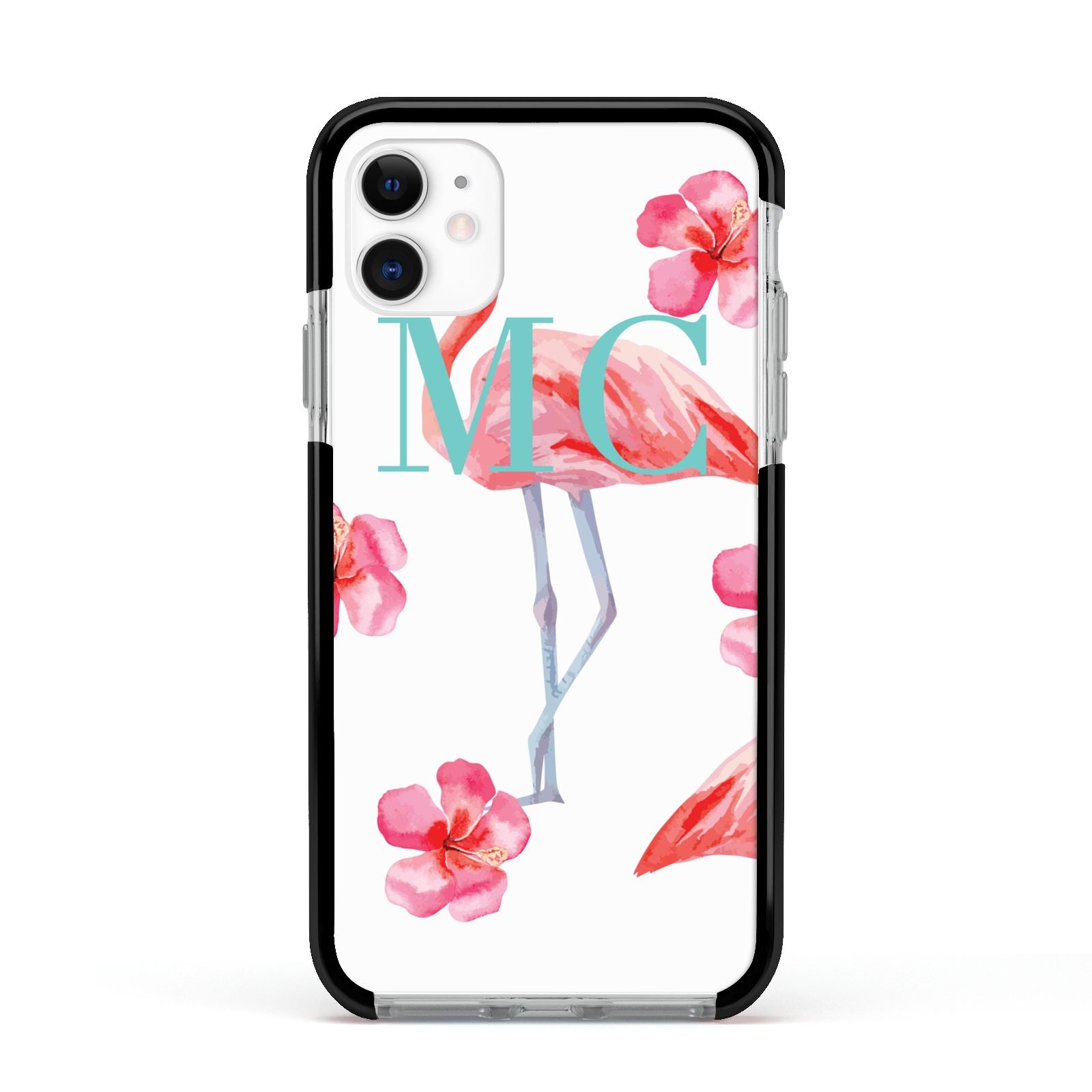 Personalised Initials Flamingo 3 Apple iPhone 11 in White with Black Impact Case