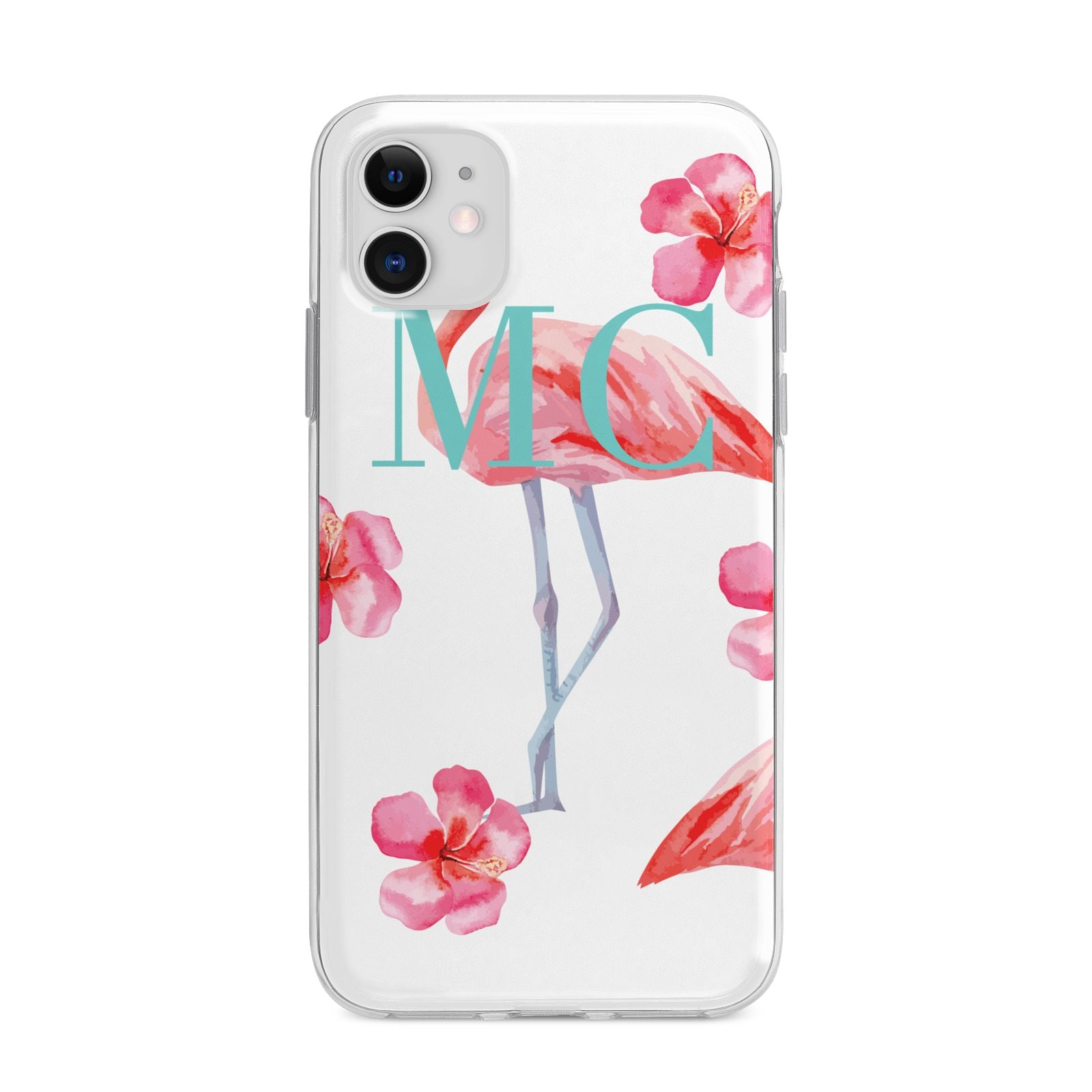 Personalised Initials Flamingo 3 Apple iPhone 11 in White with Bumper Case