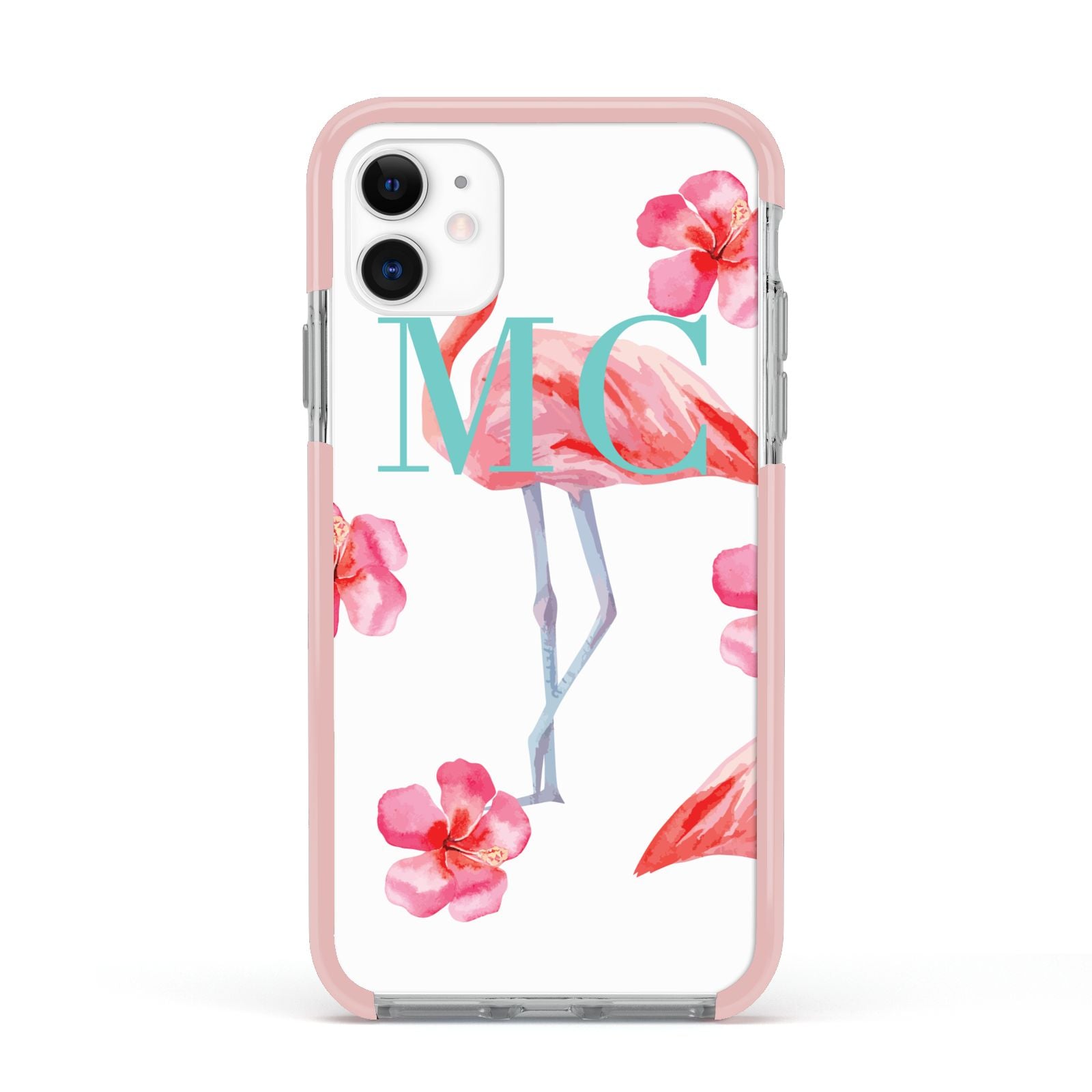 Personalised Initials Flamingo 3 Apple iPhone 11 in White with Pink Impact Case