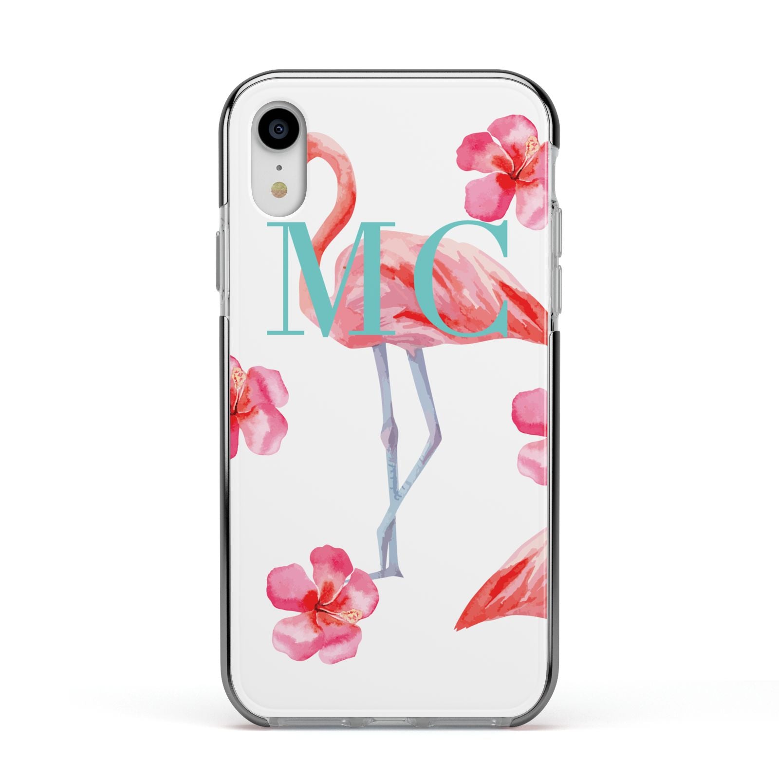 Personalised Initials Flamingo 3 Apple iPhone XR Impact Case Black Edge on Silver Phone