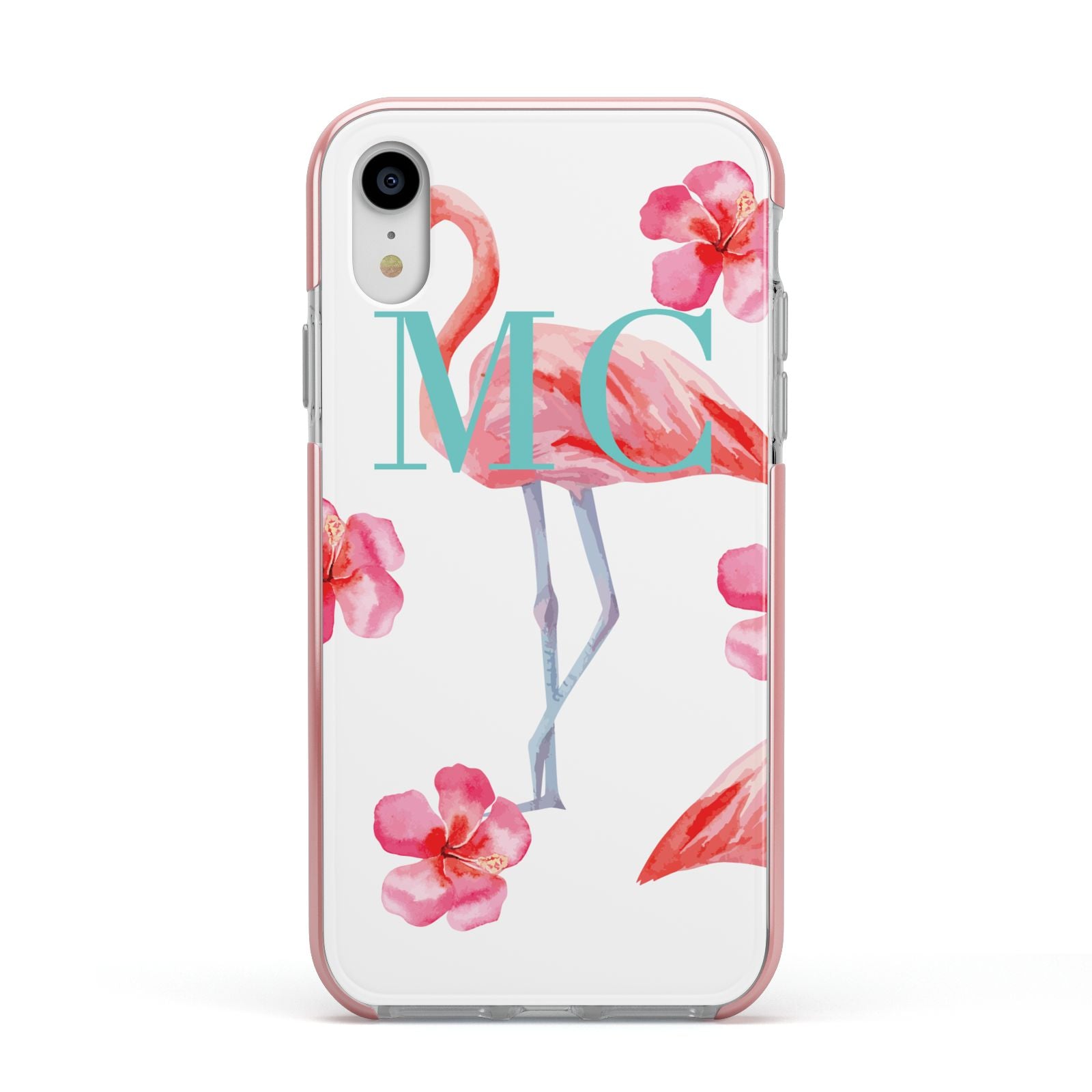 Personalised Initials Flamingo 3 Apple iPhone XR Impact Case Pink Edge on Silver Phone