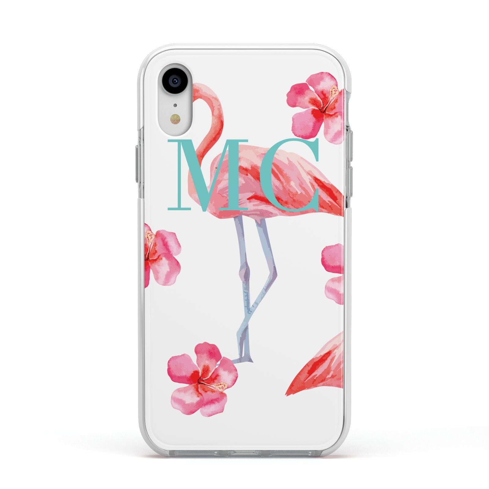 Personalised Initials Flamingo 3 Apple iPhone XR Impact Case White Edge on Silver Phone