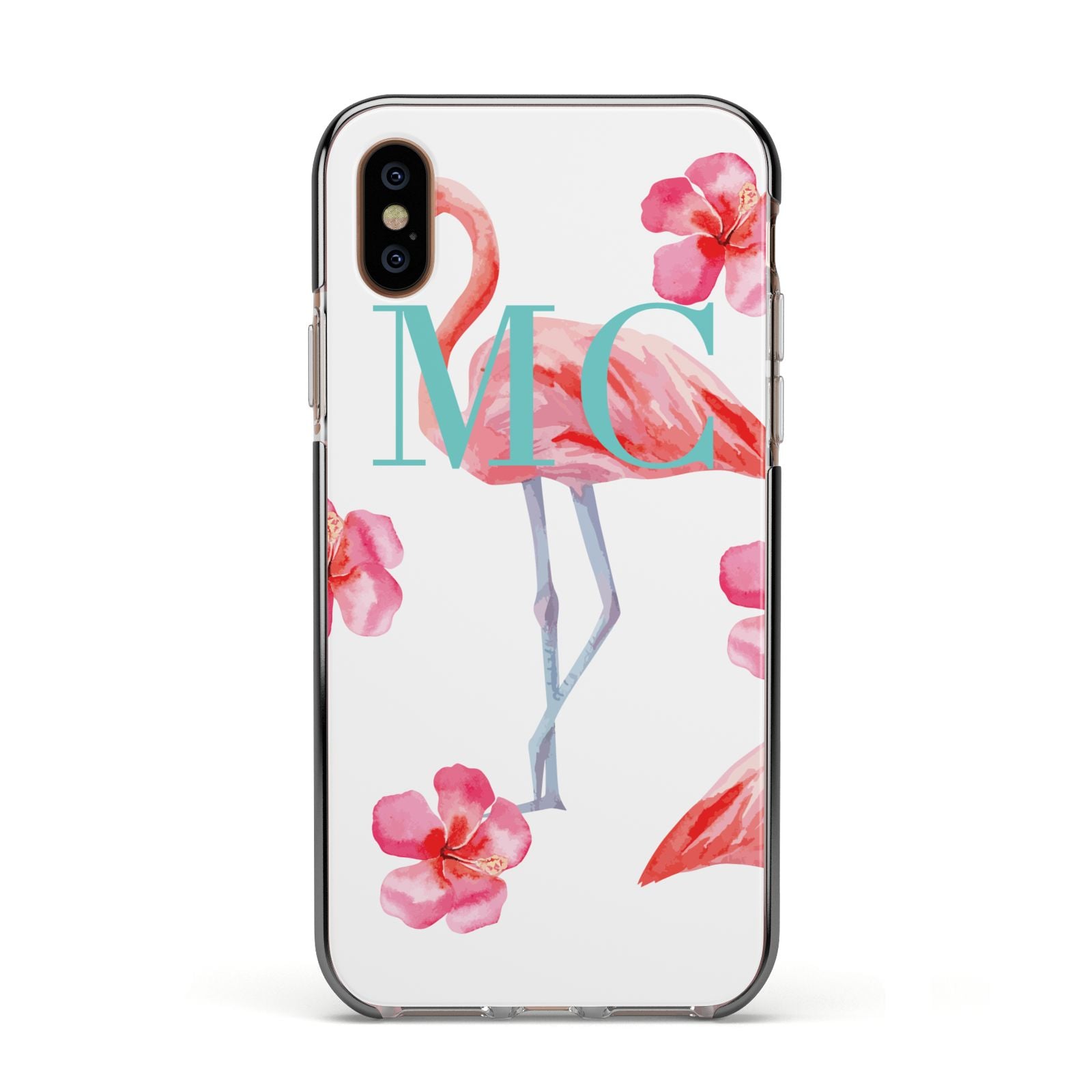 Personalised Initials Flamingo 3 Apple iPhone Xs Impact Case Black Edge on Gold Phone