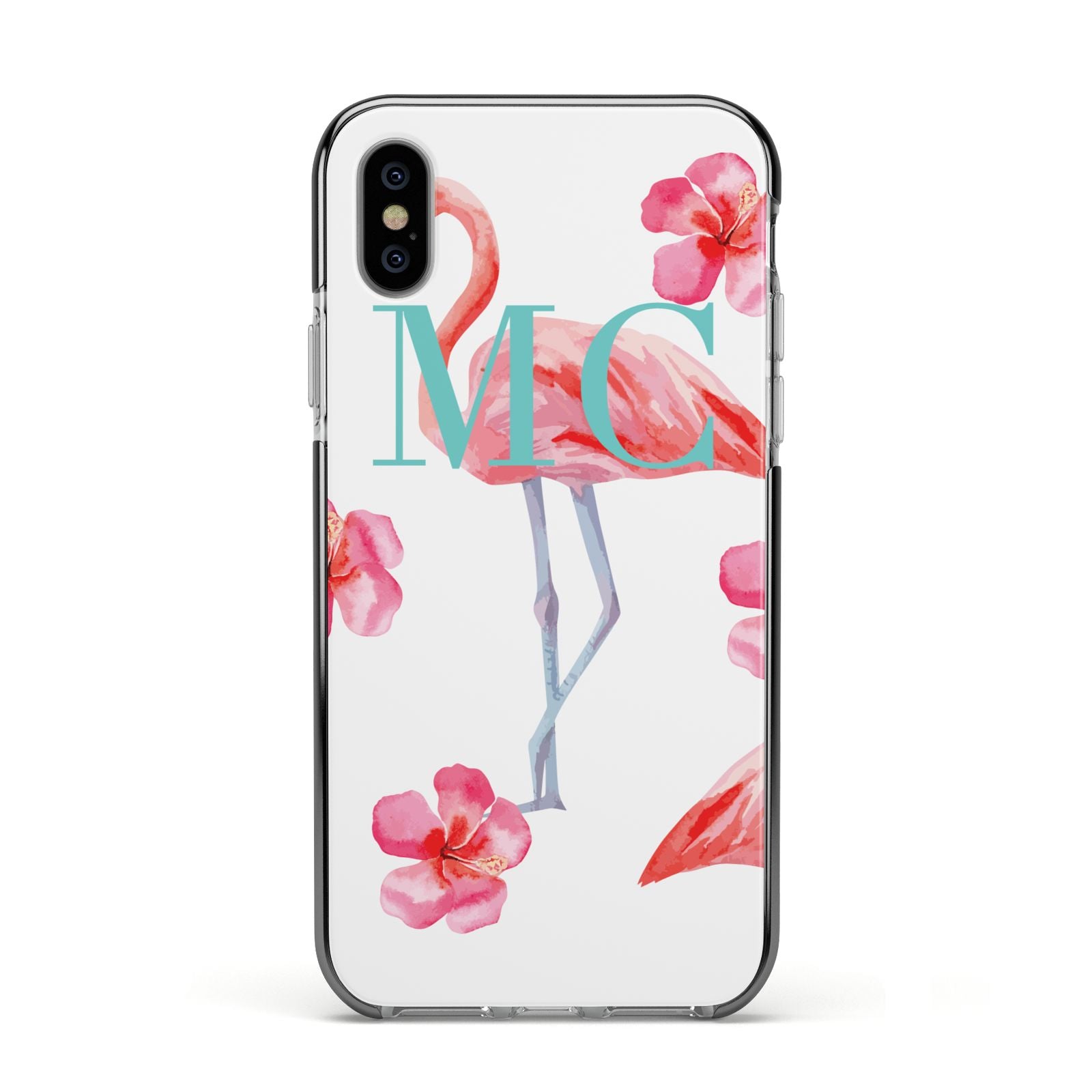 Personalised Initials Flamingo 3 Apple iPhone Xs Impact Case Black Edge on Silver Phone