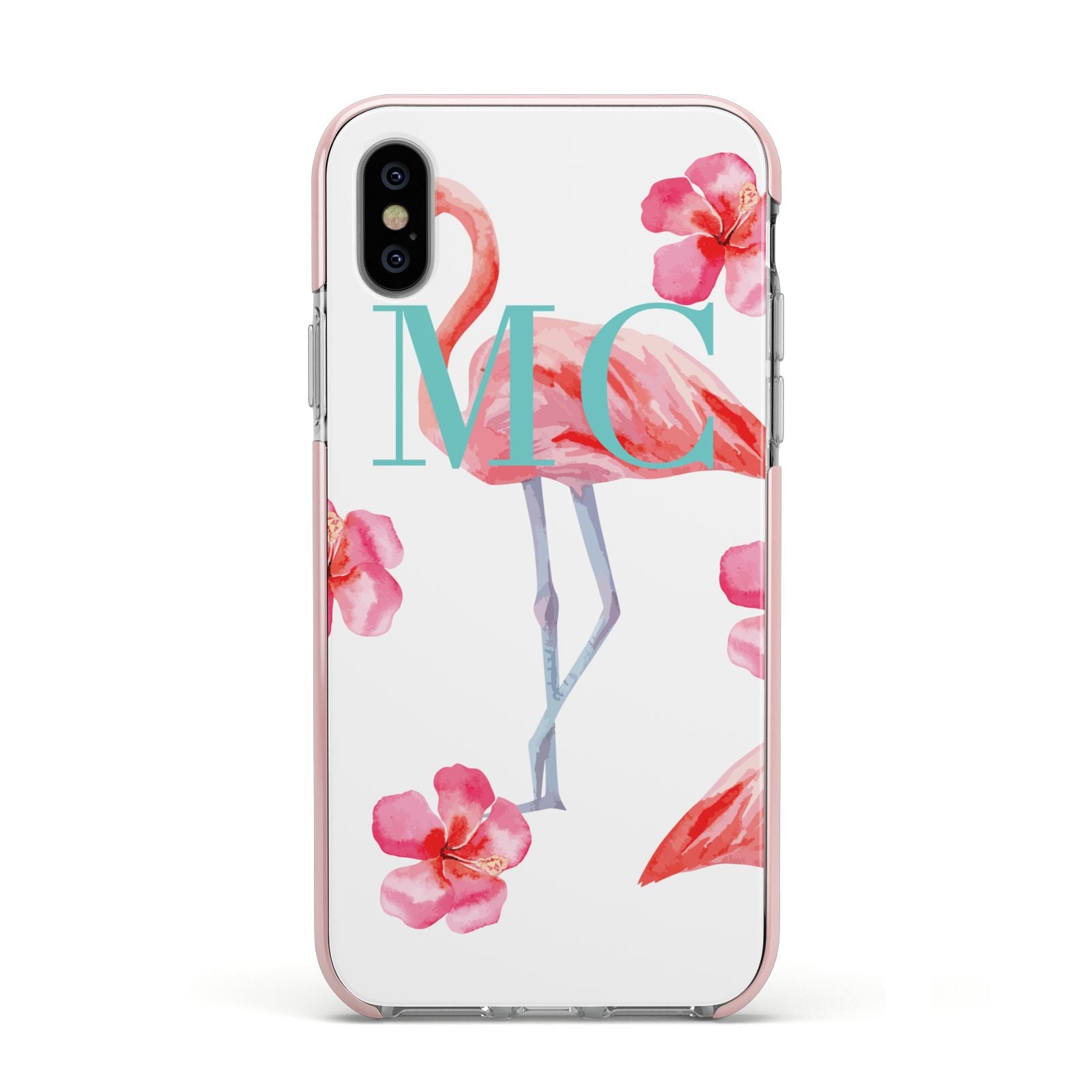 Personalised Initials Flamingo 3 Apple iPhone Xs Impact Case Pink Edge on Silver Phone