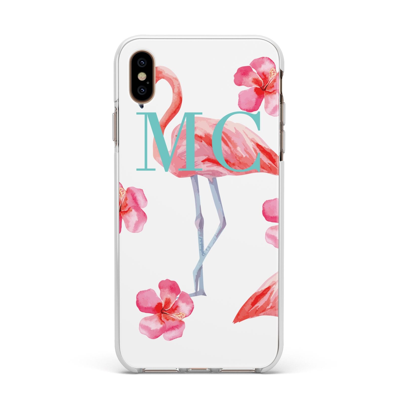 Personalised Initials Flamingo 3 Apple iPhone Xs Max Impact Case White Edge on Gold Phone