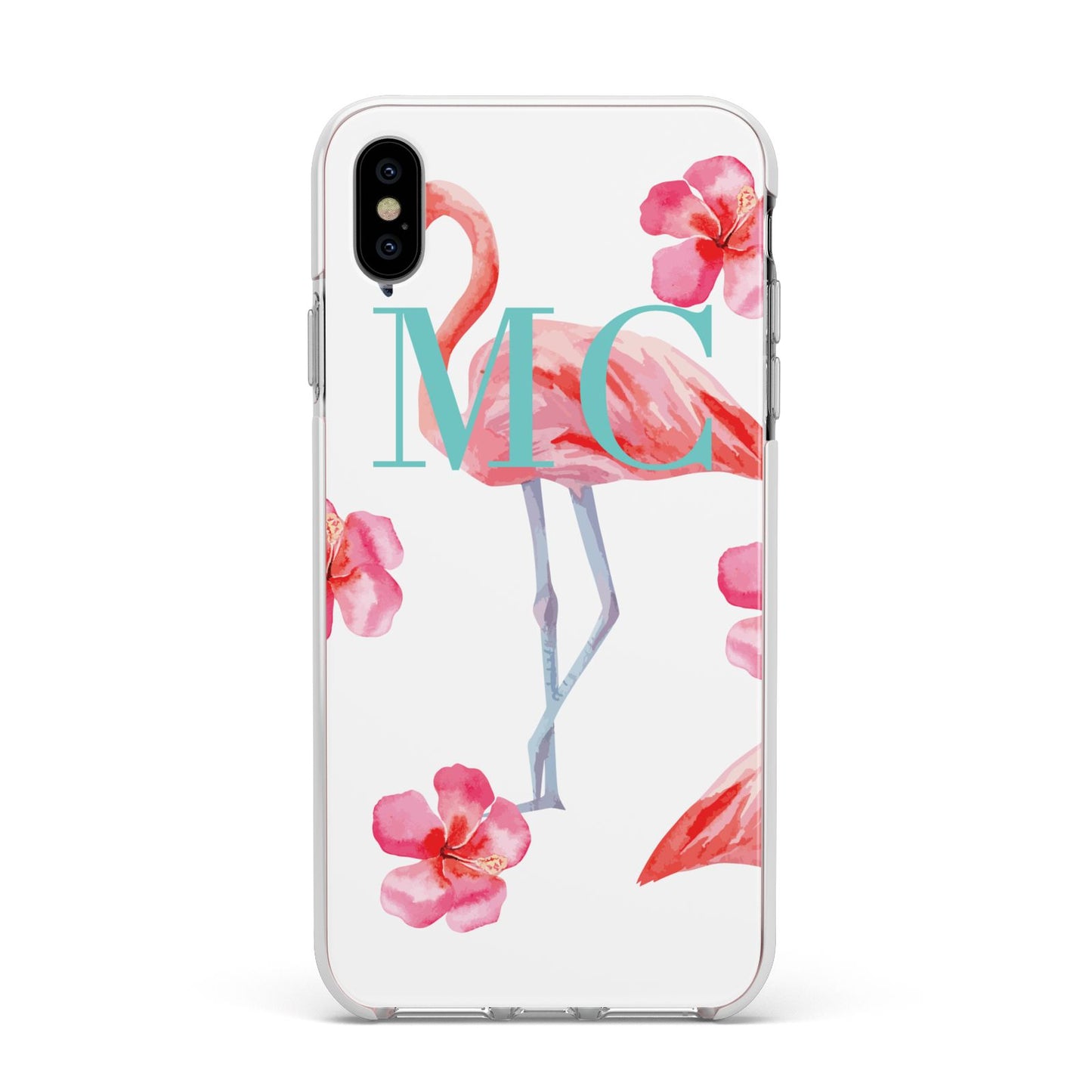 Personalised Initials Flamingo 3 Apple iPhone Xs Max Impact Case White Edge on Silver Phone
