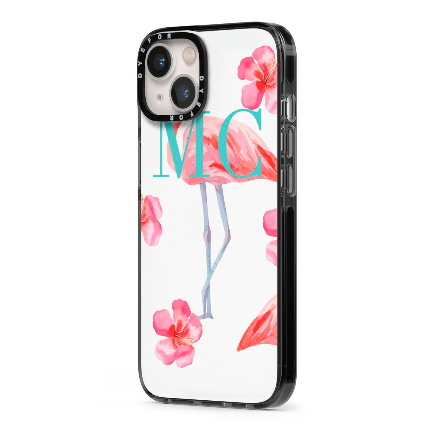 Personalised Initials Flamingo 3 iPhone 13 Black Impact Case Side Angle on Silver phone