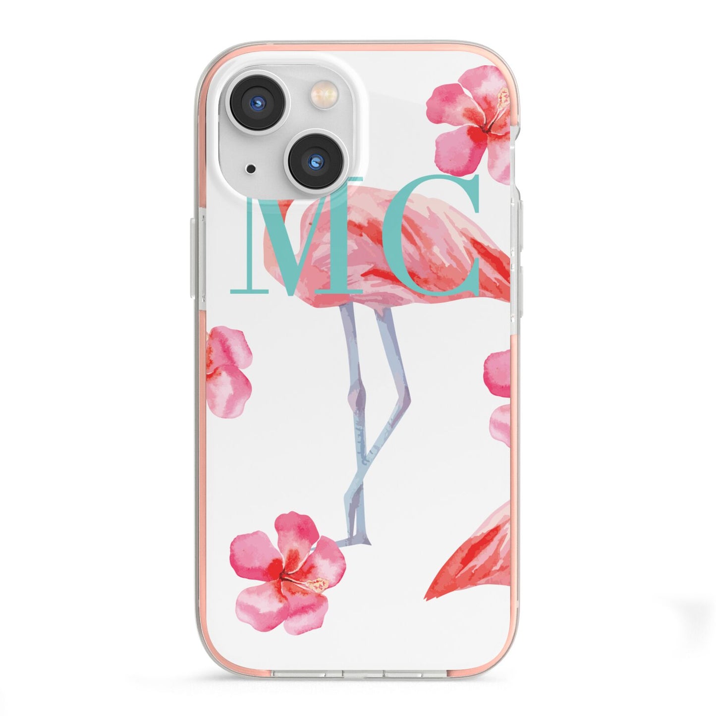 Personalised Initials Flamingo 3 iPhone 13 Mini TPU Impact Case with Pink Edges
