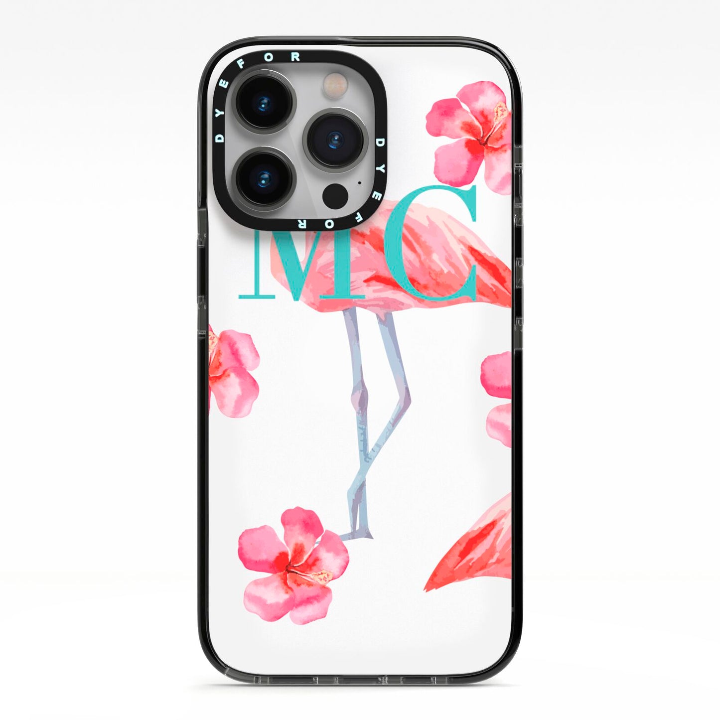 Personalised Initials Flamingo 3 iPhone 13 Pro Black Impact Case on Silver phone