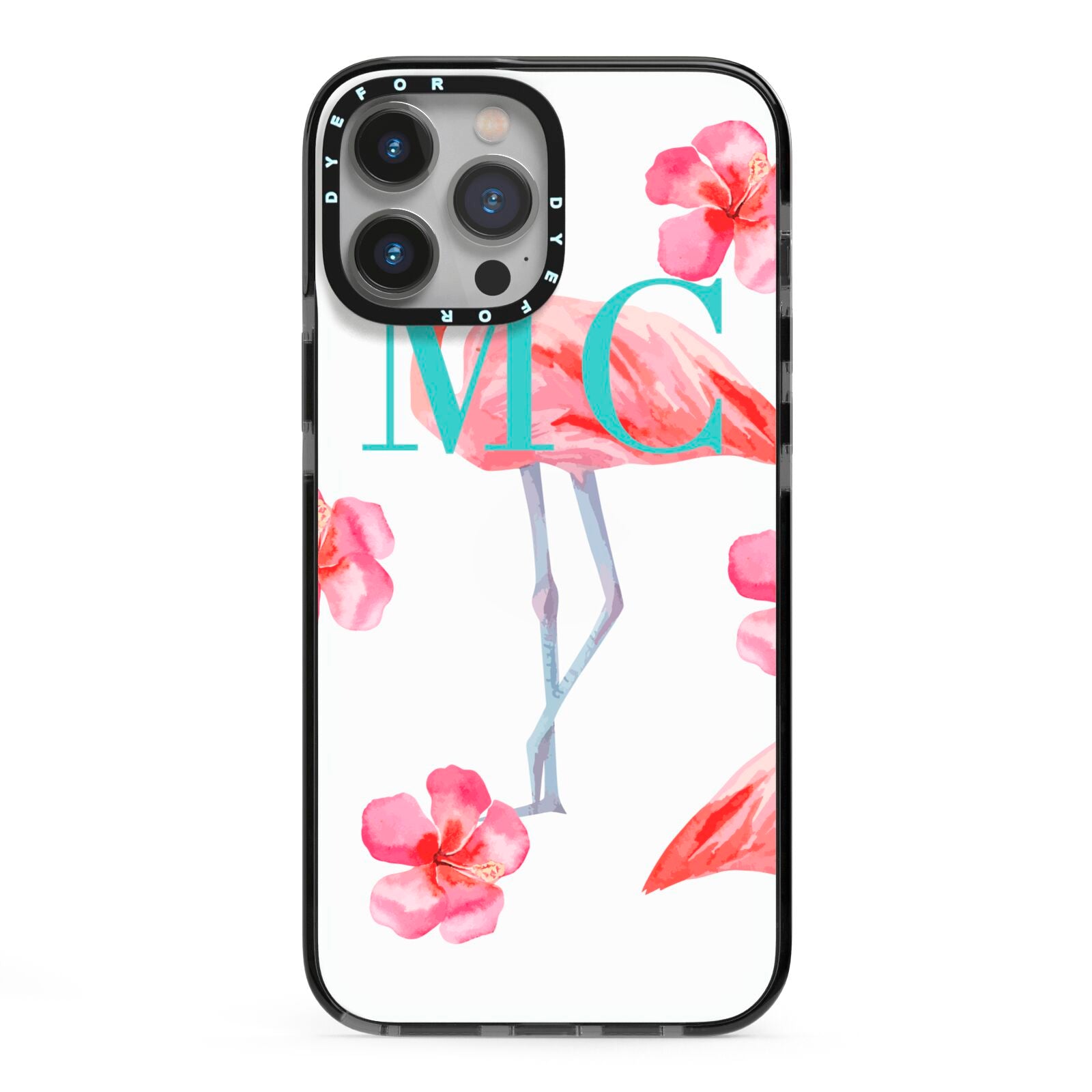 Personalised Initials Flamingo 3 iPhone 13 Pro Max Black Impact Case on Silver phone