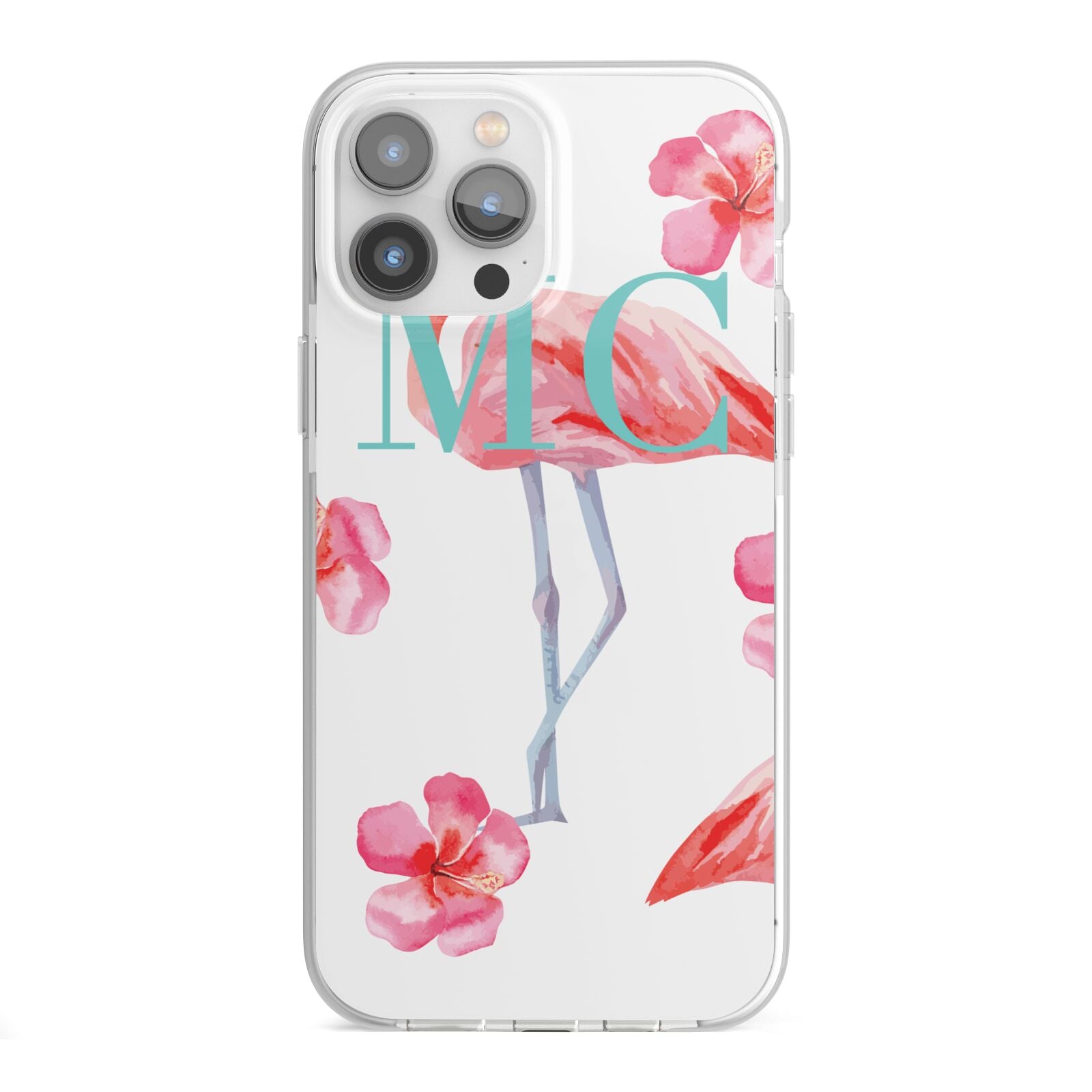 Personalised Initials Flamingo 3 iPhone 13 Pro Max TPU Impact Case with White Edges