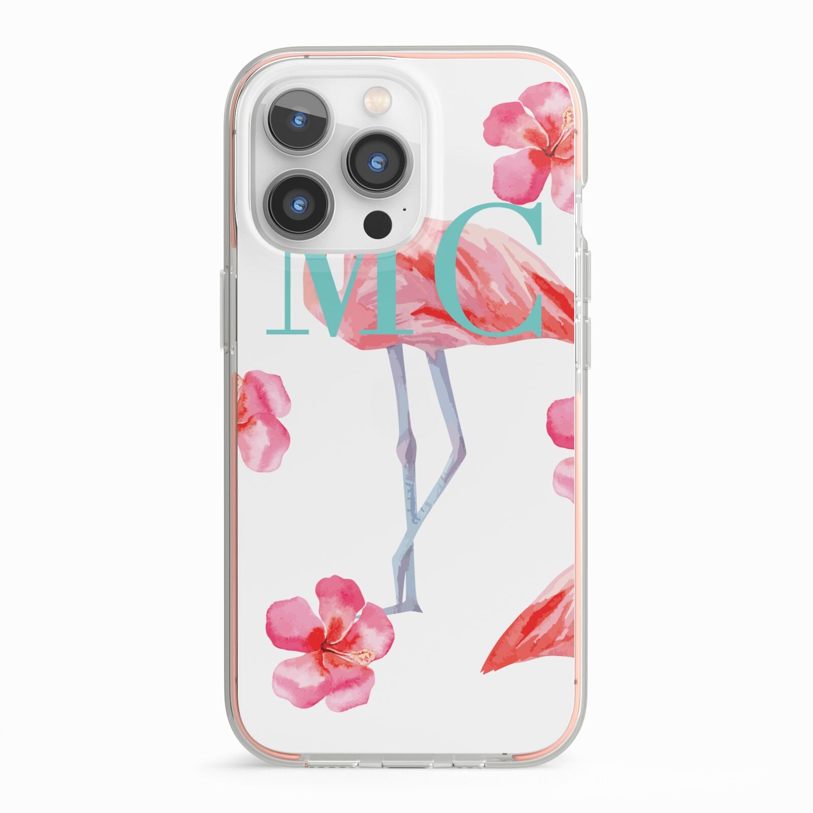 Personalised Initials Flamingo 3 iPhone 13 Pro TPU Impact Case with Pink Edges