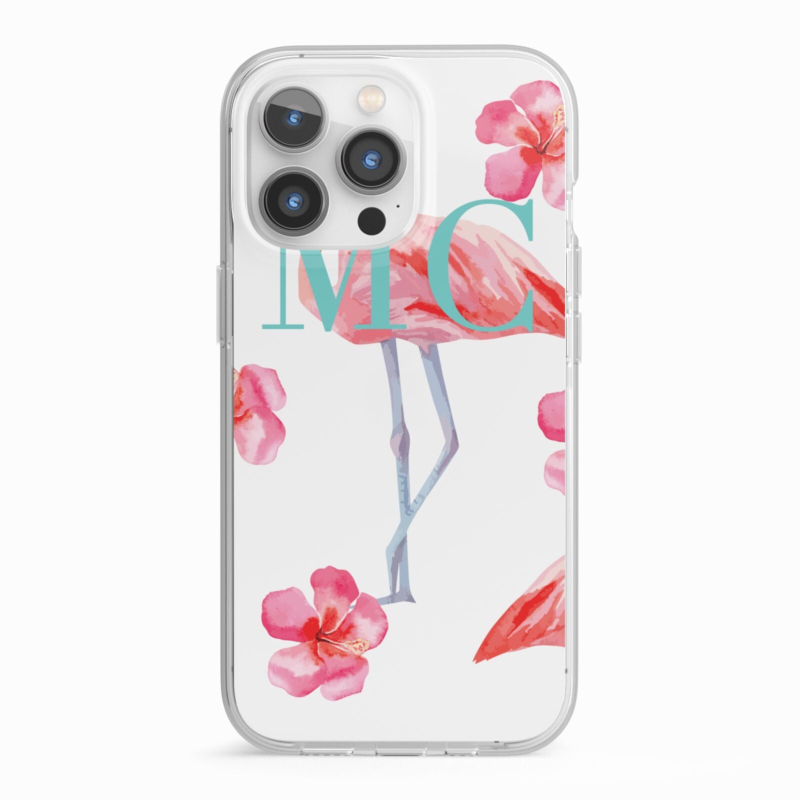 Personalised Initials Flamingo 3 iPhone 13 Pro TPU Impact Case with White Edges