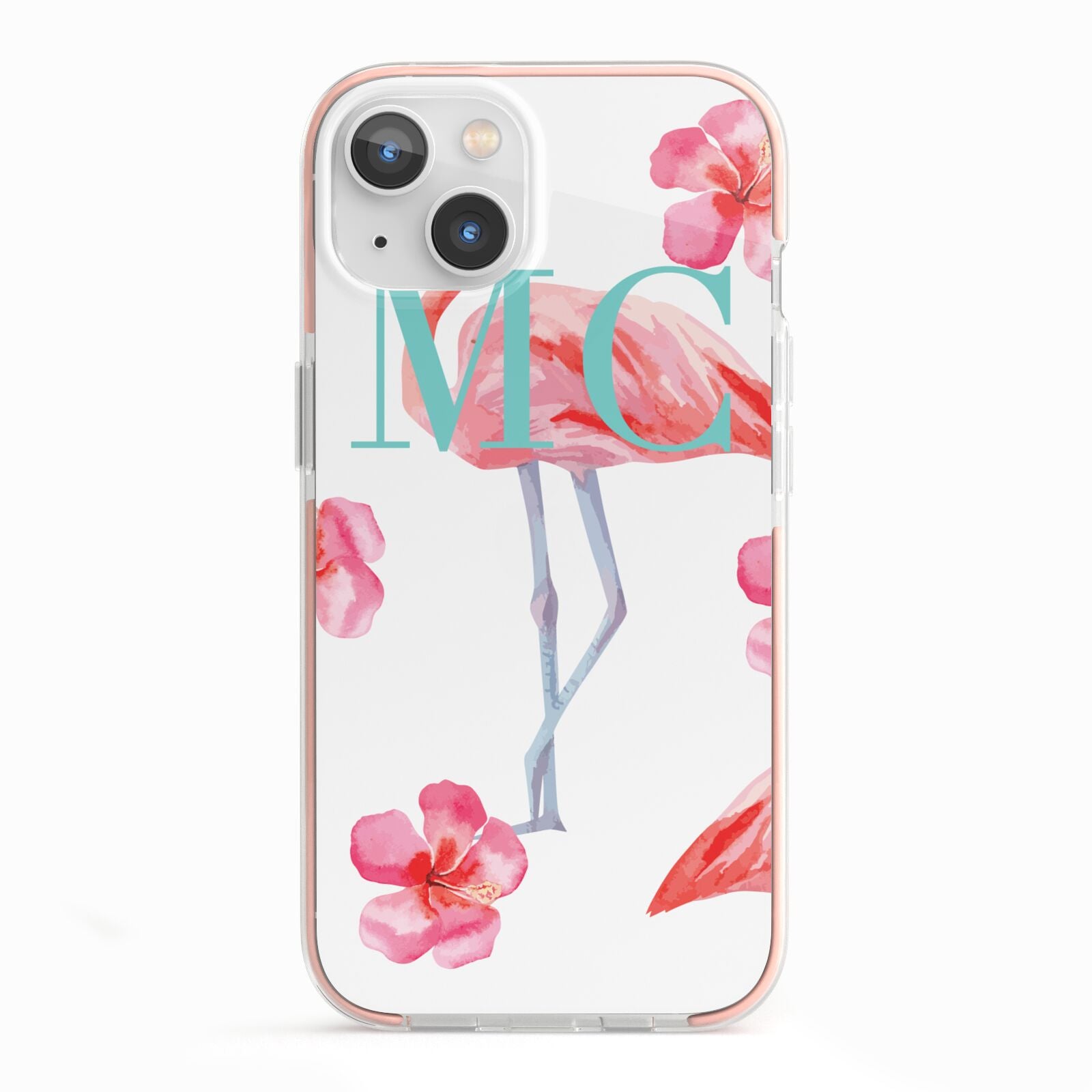 Personalised Initials Flamingo 3 iPhone 13 TPU Impact Case with Pink Edges
