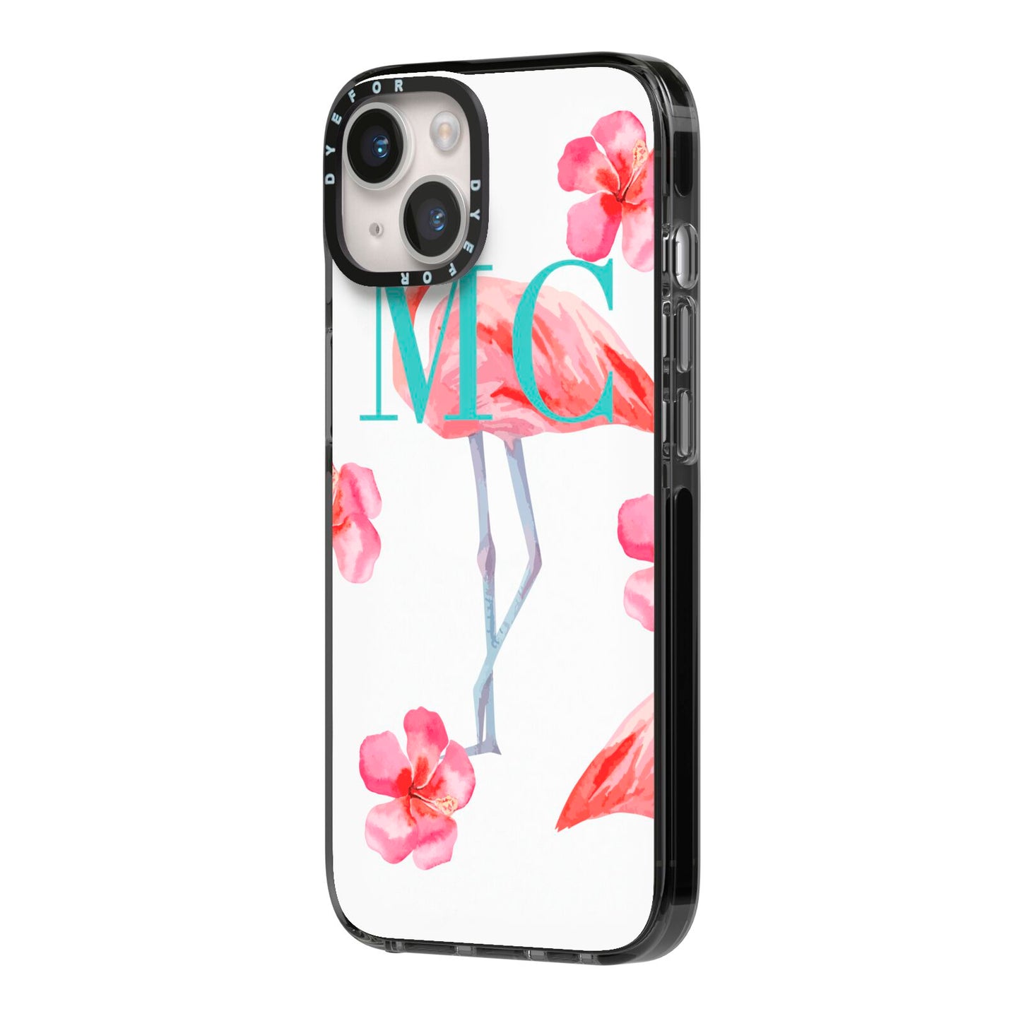 Personalised Initials Flamingo 3 iPhone 14 Black Impact Case Side Angle on Silver phone