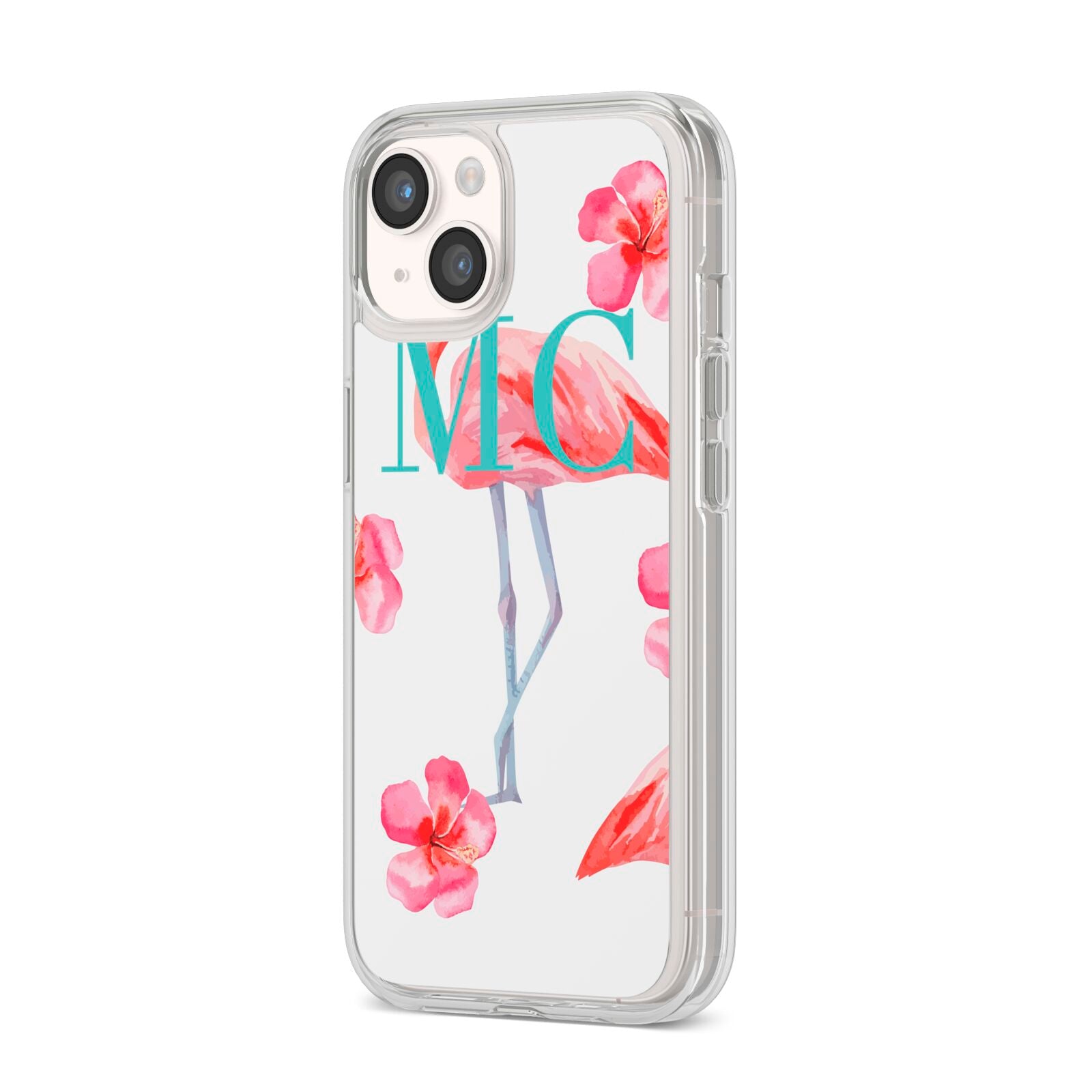 Personalised Initials Flamingo 3 iPhone 14 Clear Tough Case Starlight Angled Image