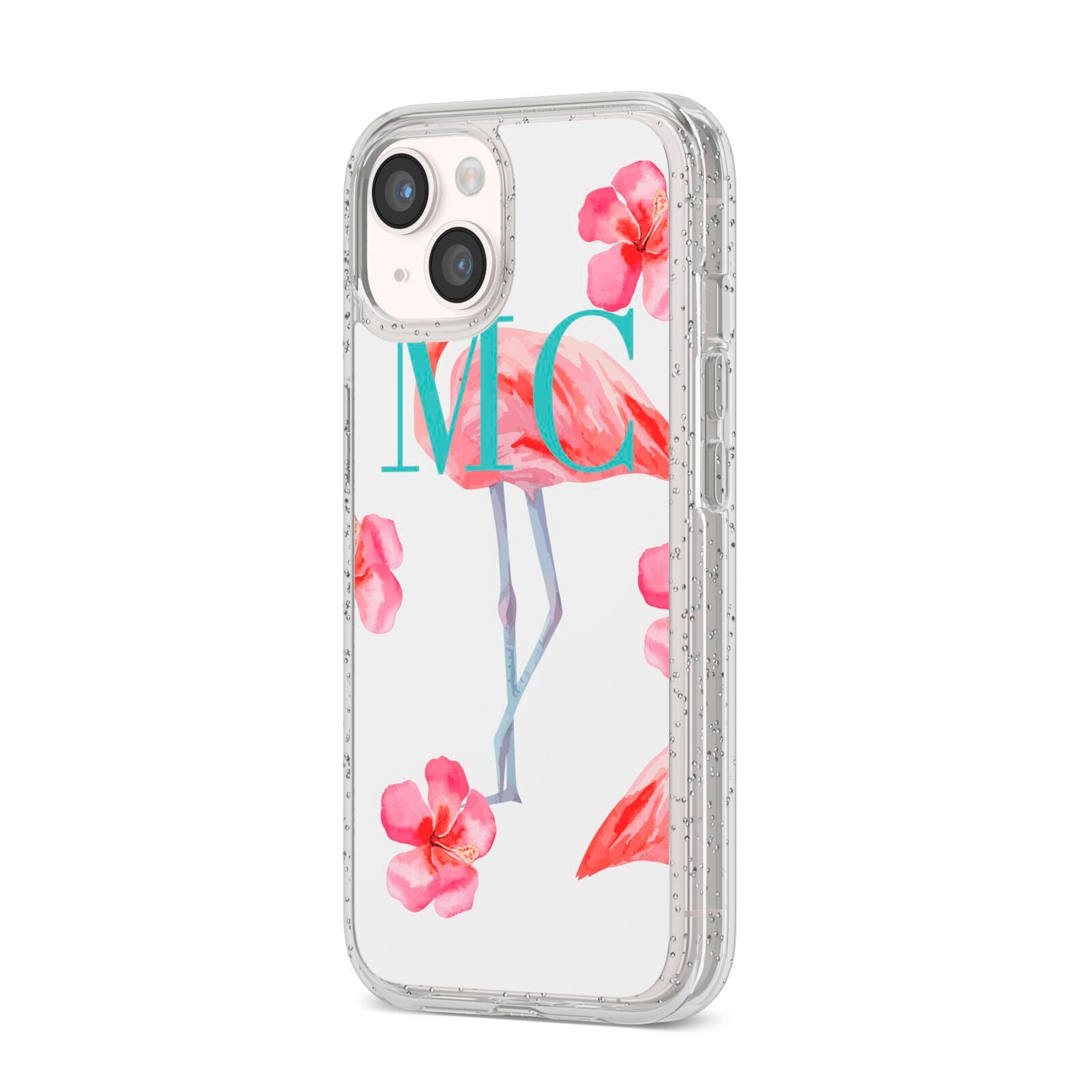 Personalised Initials Flamingo 3 iPhone 14 Glitter Tough Case Starlight Angled Image