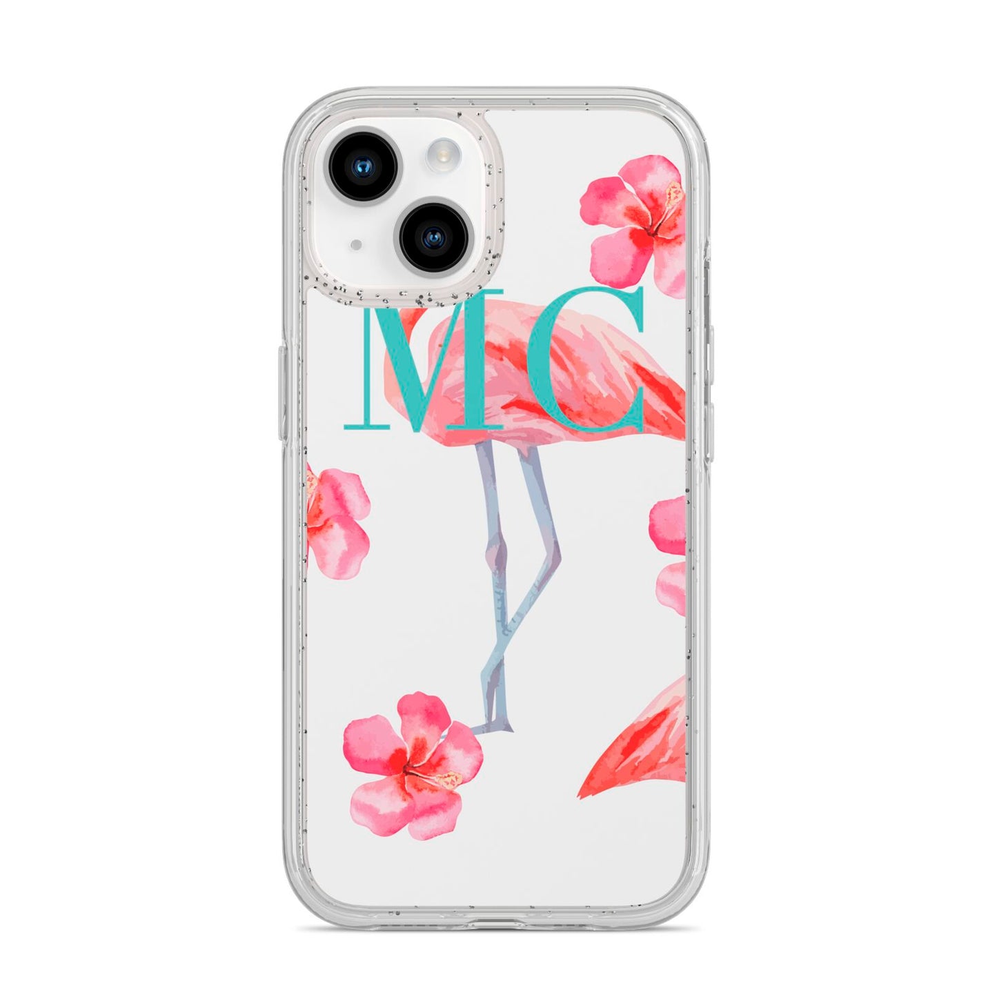 Personalised Initials Flamingo 3 iPhone 14 Glitter Tough Case Starlight