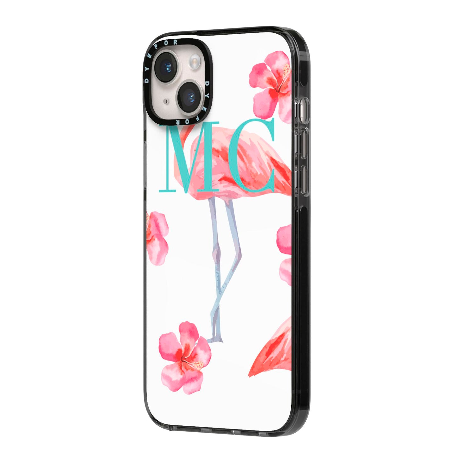 Personalised Initials Flamingo 3 iPhone 14 Plus Black Impact Case Side Angle on Silver phone