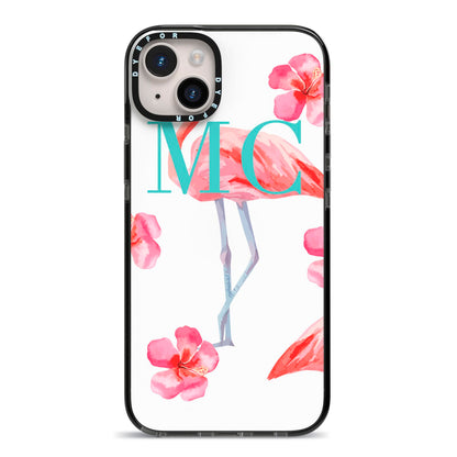 Personalised Initials Flamingo 3 iPhone 14 Plus Black Impact Case on Silver phone