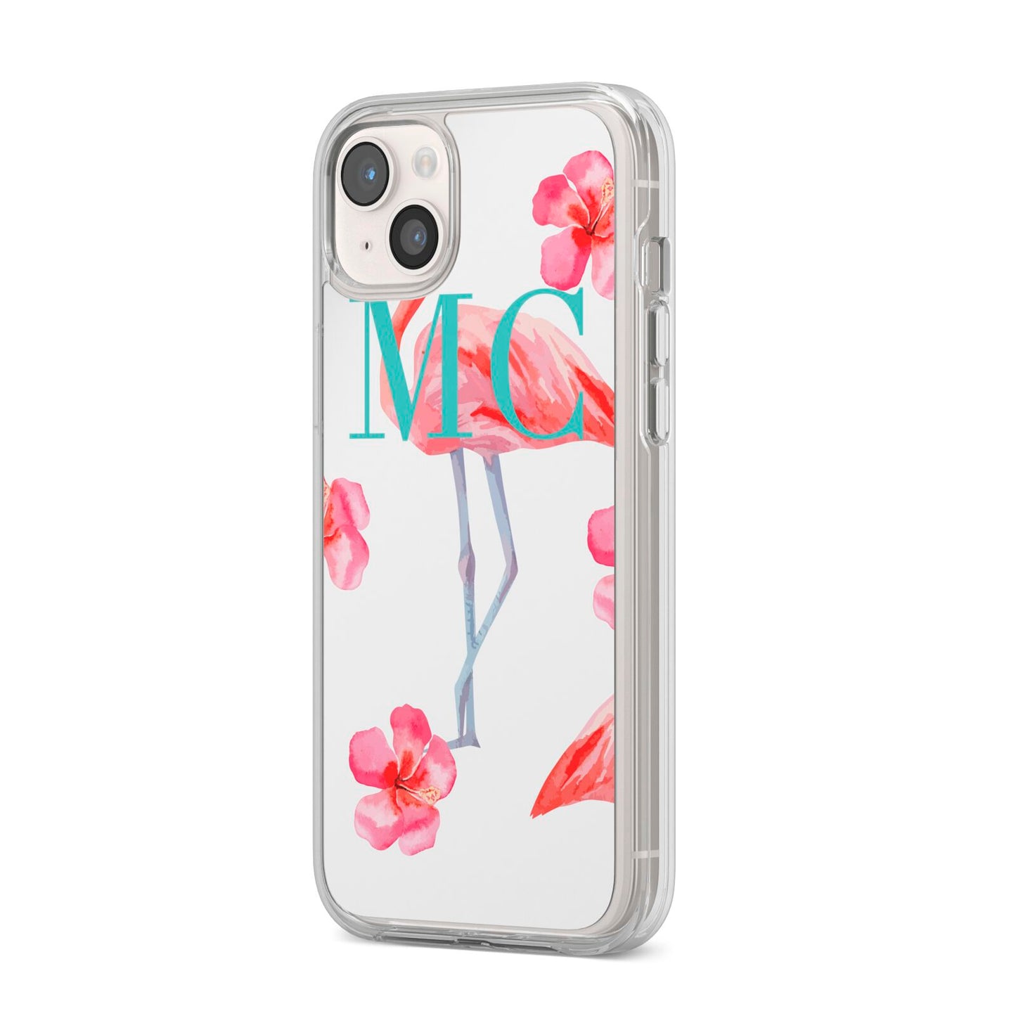 Personalised Initials Flamingo 3 iPhone 14 Plus Clear Tough Case Starlight Angled Image