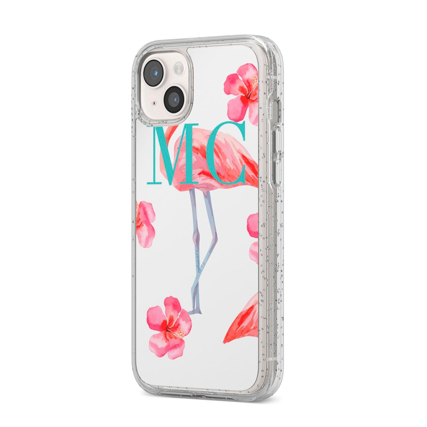 Personalised Initials Flamingo 3 iPhone 14 Plus Glitter Tough Case Starlight Angled Image
