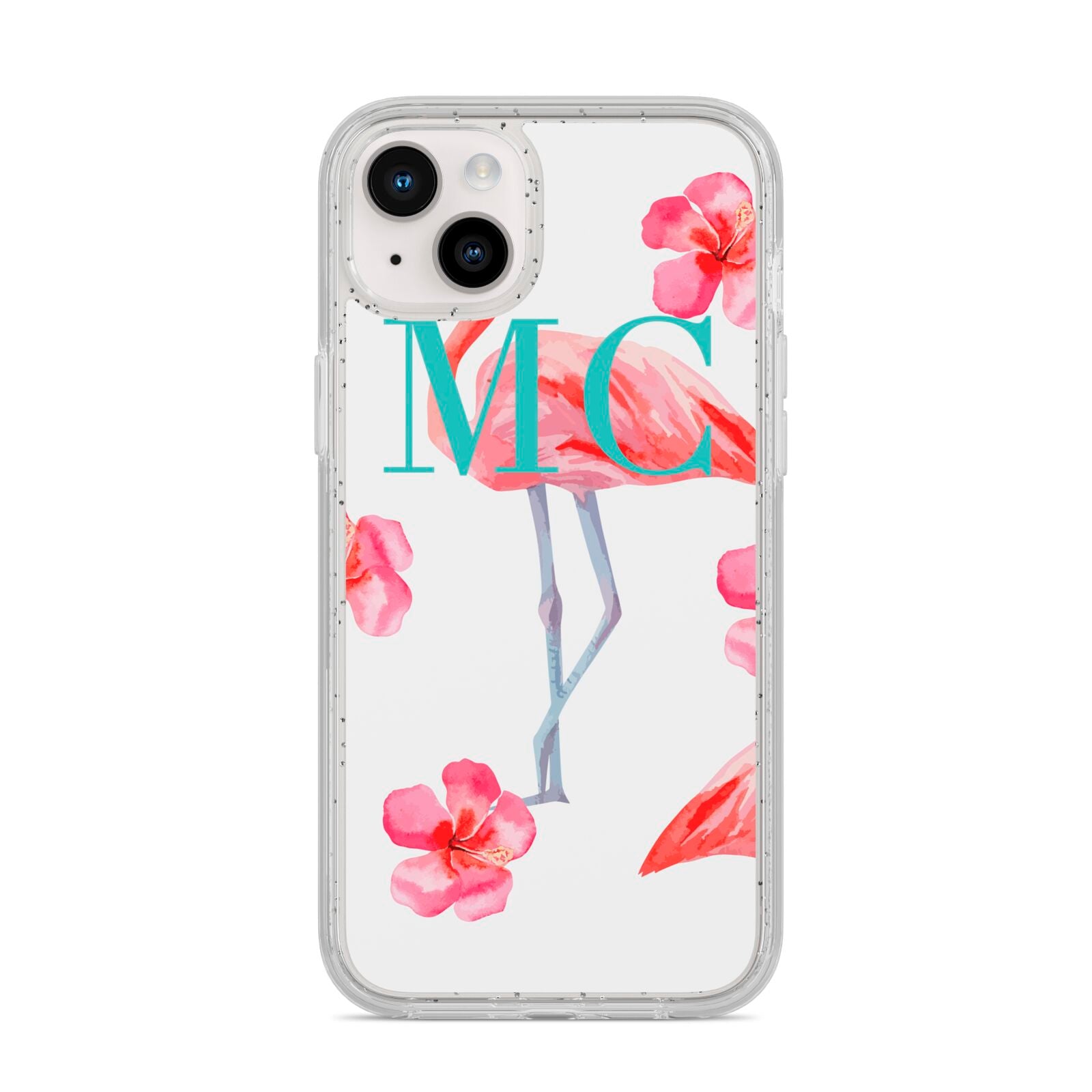Personalised Initials Flamingo 3 iPhone 14 Plus Glitter Tough Case Starlight