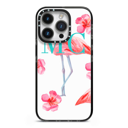 Personalised Initials Flamingo 3 iPhone 14 Pro Black Impact Case on Silver phone