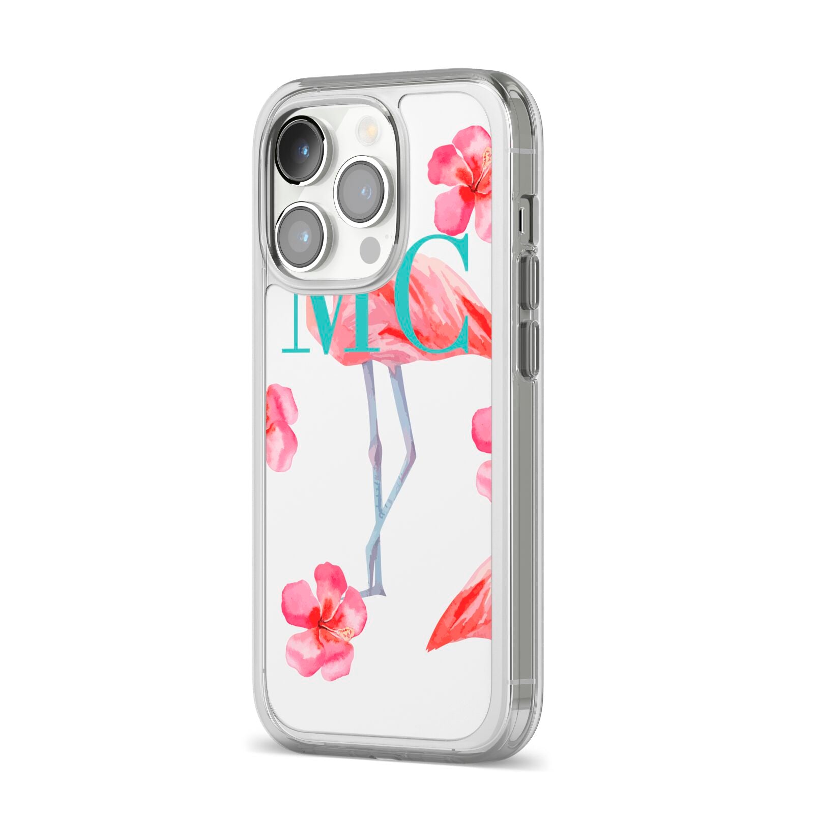 Personalised Initials Flamingo 3 iPhone 14 Pro Clear Tough Case Silver Angled Image