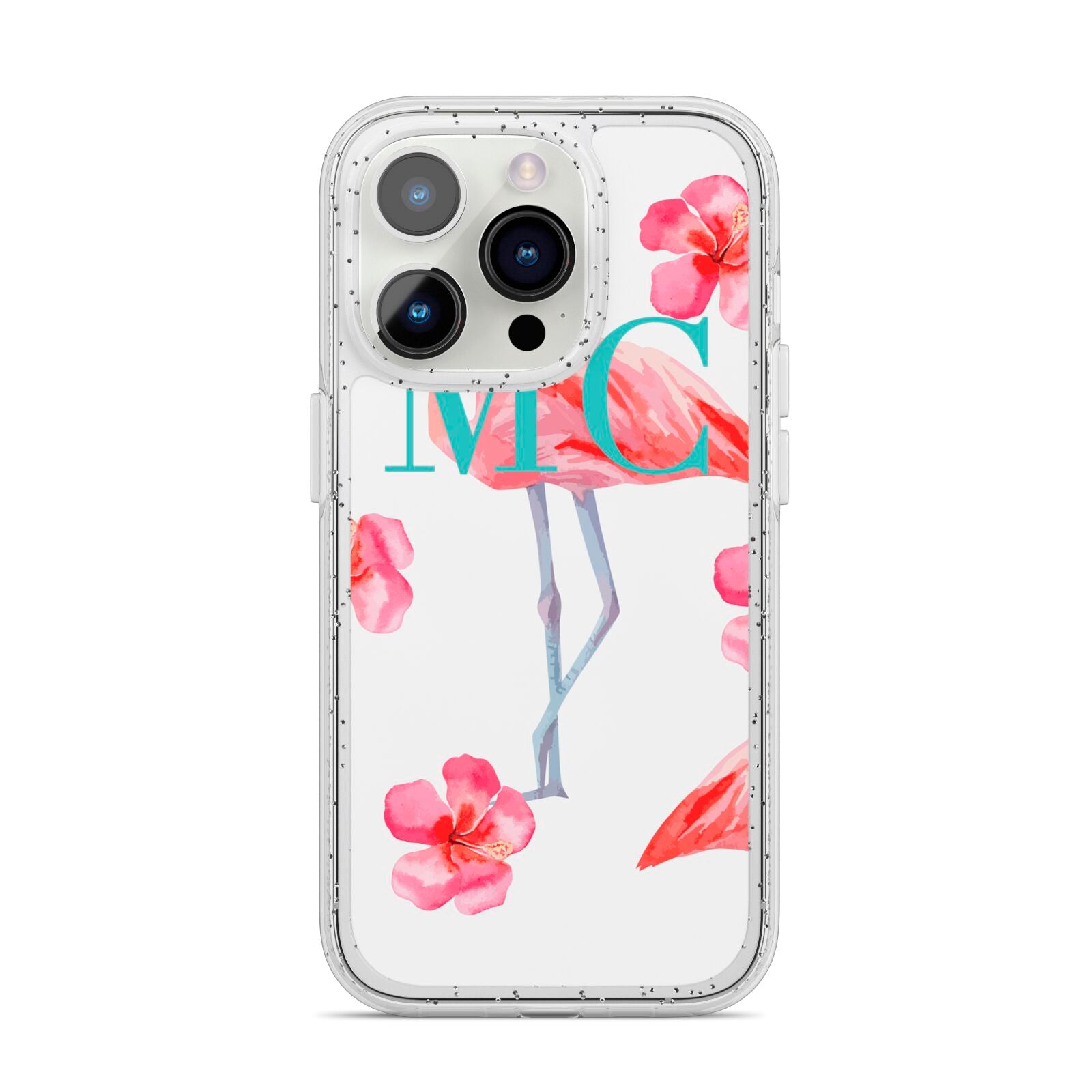 Personalised Initials Flamingo 3 iPhone 14 Pro Glitter Tough Case Silver