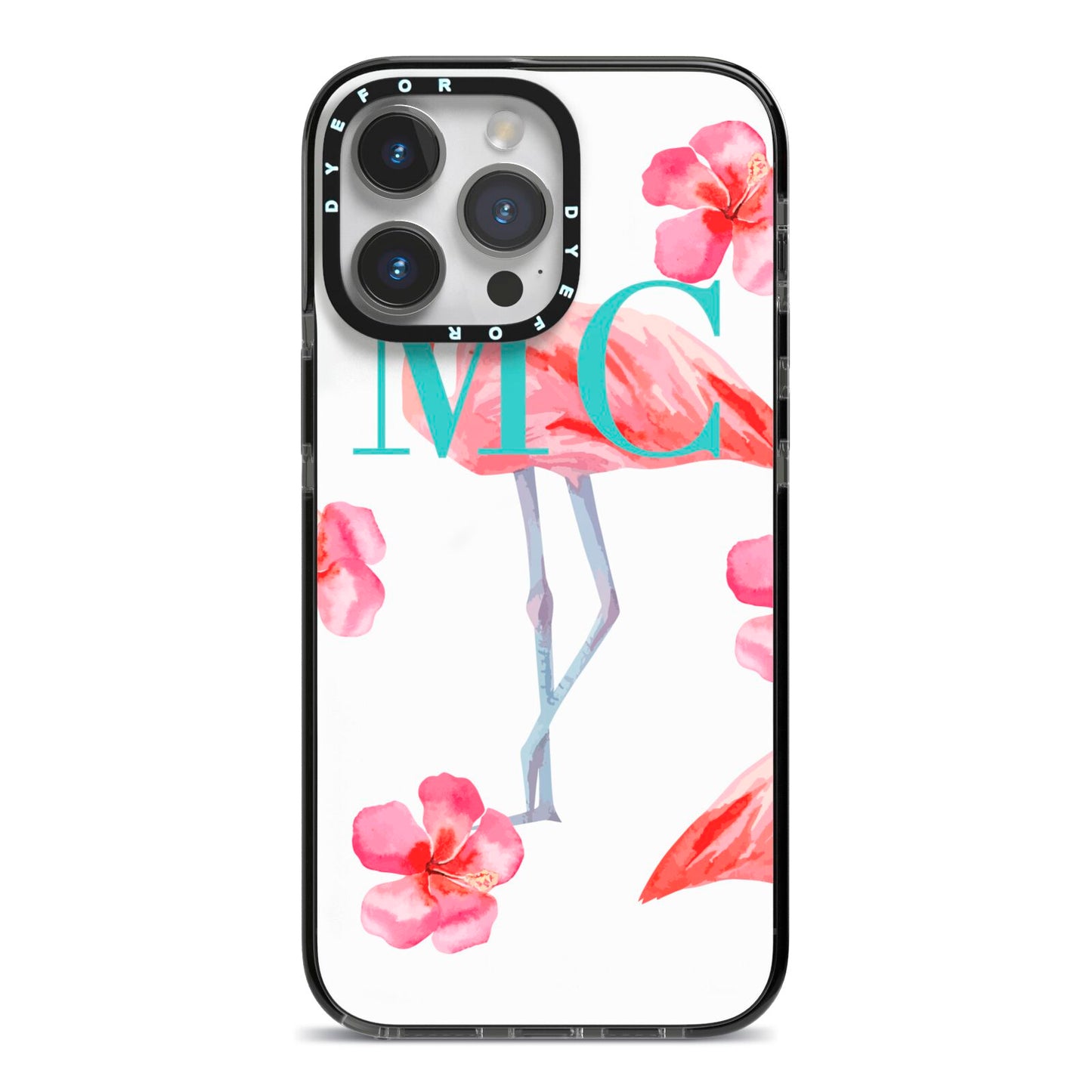 Personalised Initials Flamingo 3 iPhone 14 Pro Max Black Impact Case on Silver phone