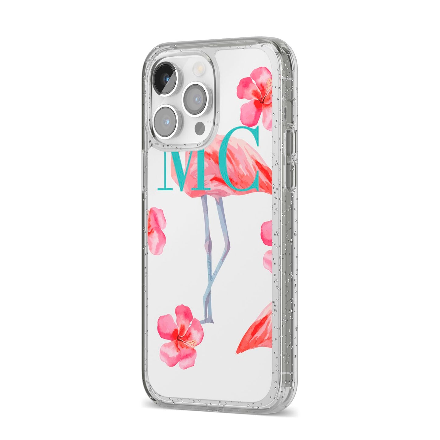 Personalised Initials Flamingo 3 iPhone 14 Pro Max Glitter Tough Case Silver Angled Image