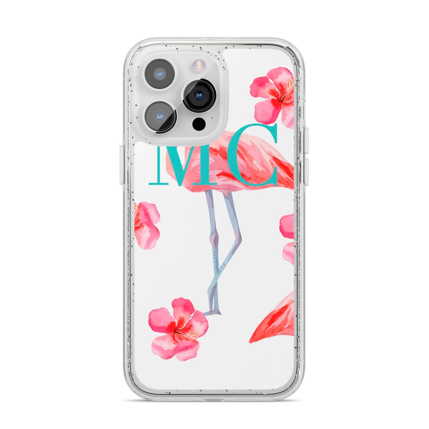 Personalised Initials Flamingo 3 iPhone 14 Pro Max Glitter Tough Case Silver