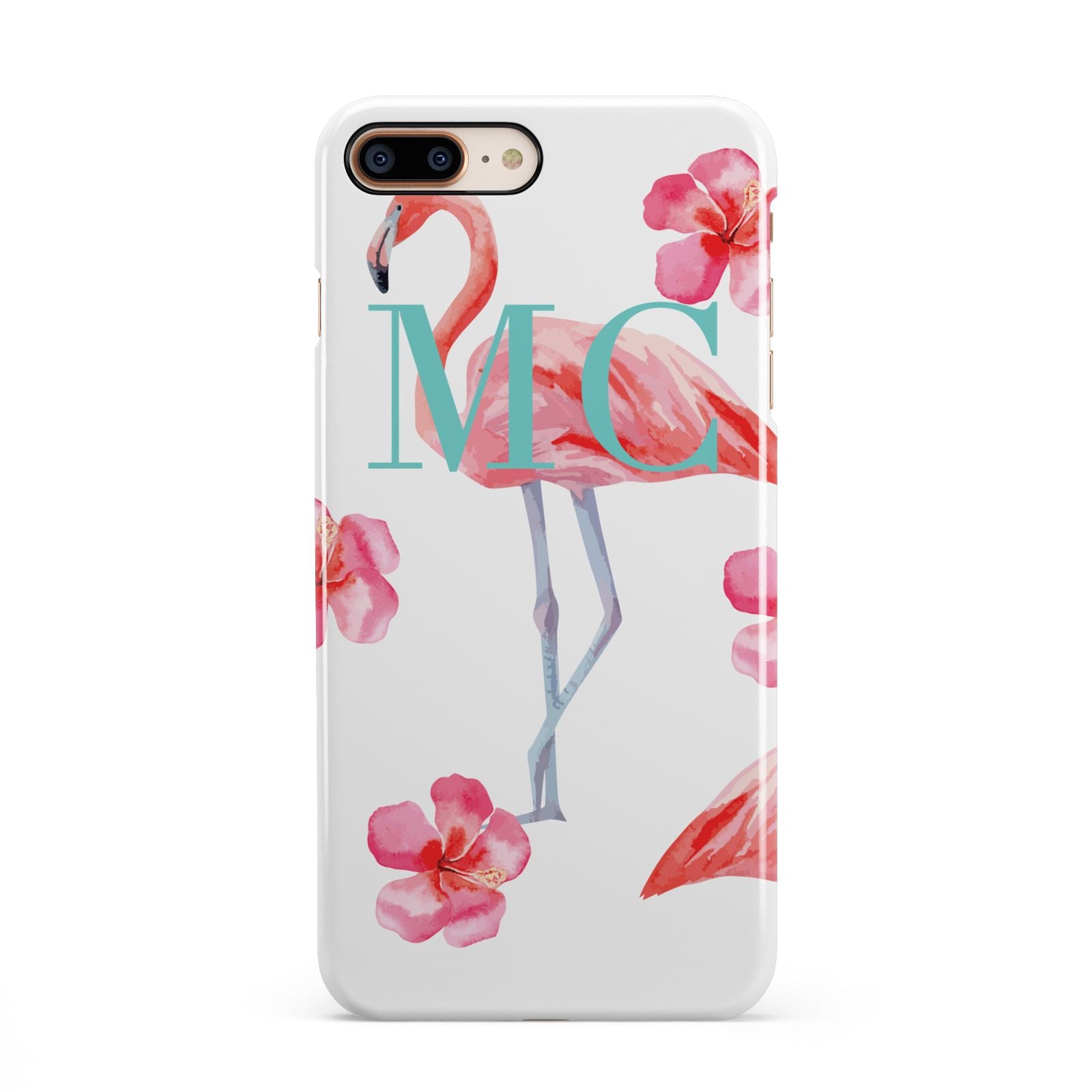 Personalised Initials Flamingo 3 iPhone 8 Plus 3D Snap Case on Gold Phone