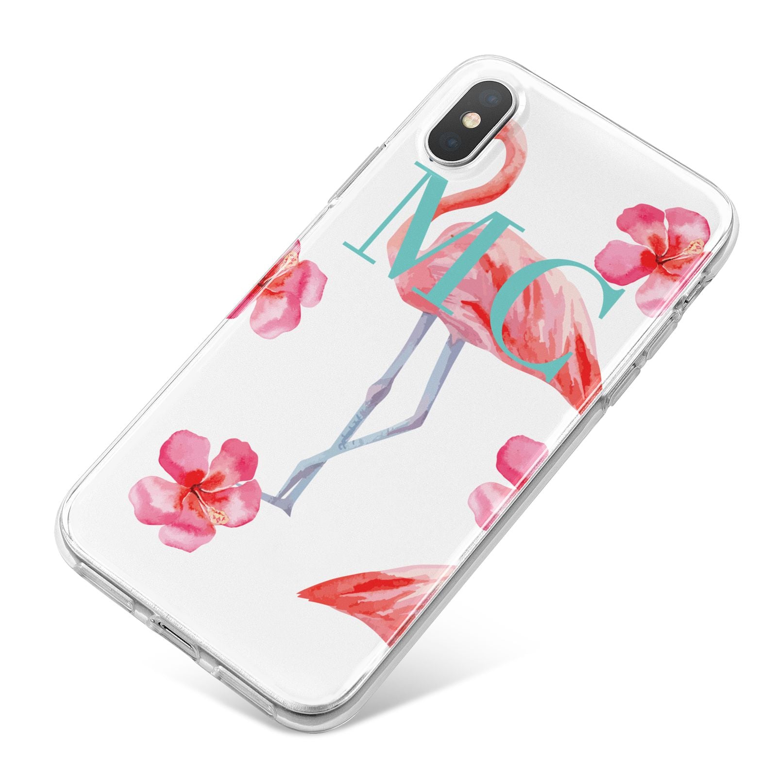 Personalised Initials Flamingo 3 iPhone X Bumper Case on Silver iPhone