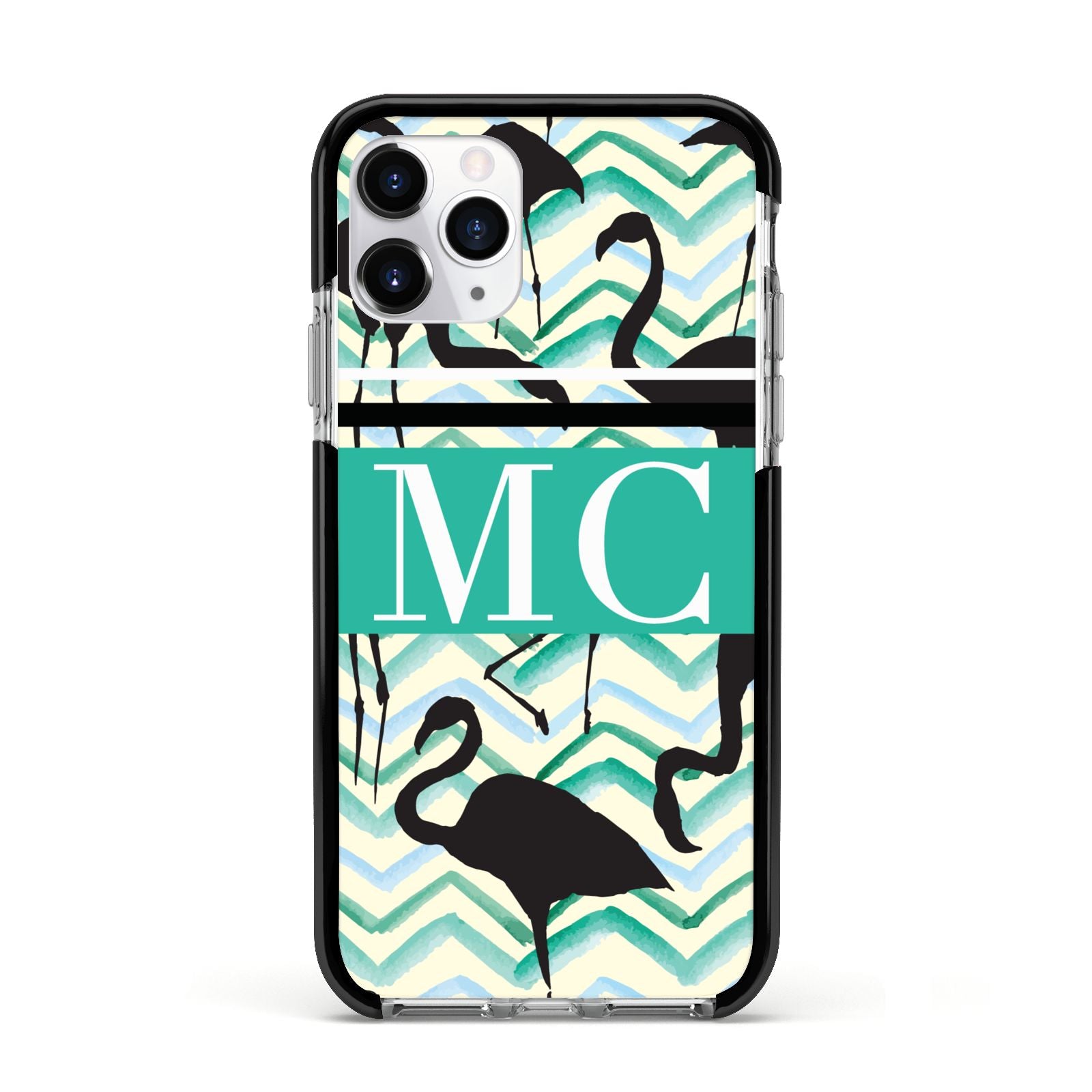 Personalised Initials Flamingos 2 Apple iPhone 11 Pro in Silver with Black Impact Case